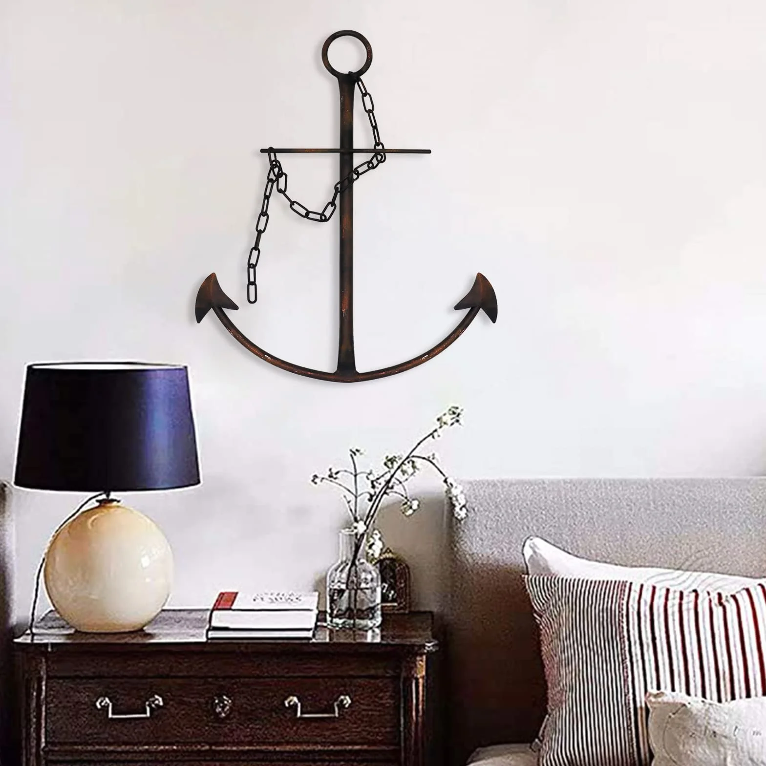 Dekoracja ścienna z kotwicą morską, antyczna metalowa kotwica, artystyczna dekoracja ścienna z łańcuszkiem do sypialni, salonu, akademika, domu, 33 cm, antyczna kotwica z łańcuchem, dekoracja