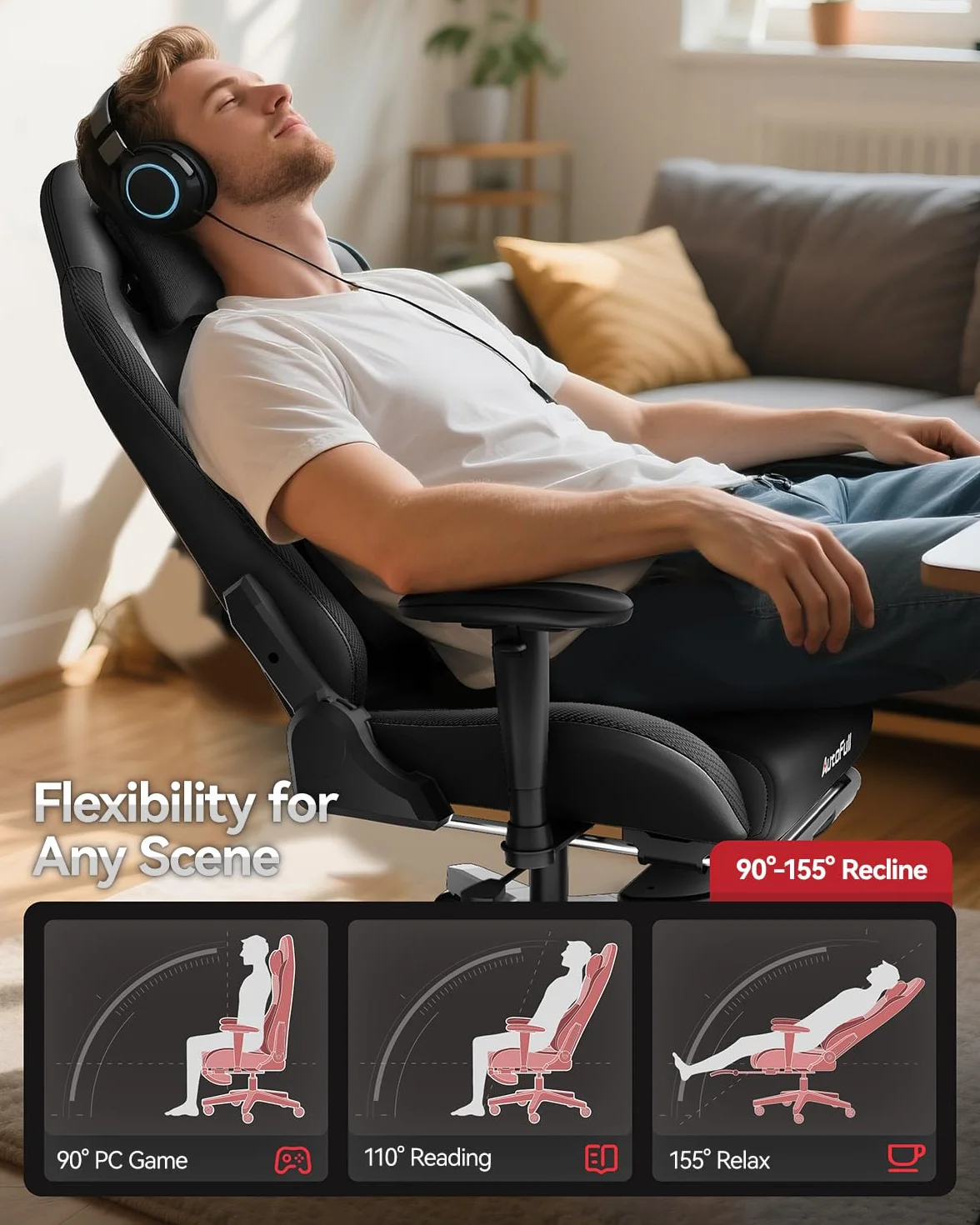 AutoFull C3 Ergonomiczny fotel biurowy z bionicznym podparciem lędźwiowym 3D, styl wyścigowy, wysokiej jakości skóra poliuretanowa, dla graczy, z podnóżkiem i zagłówkiem, czarny