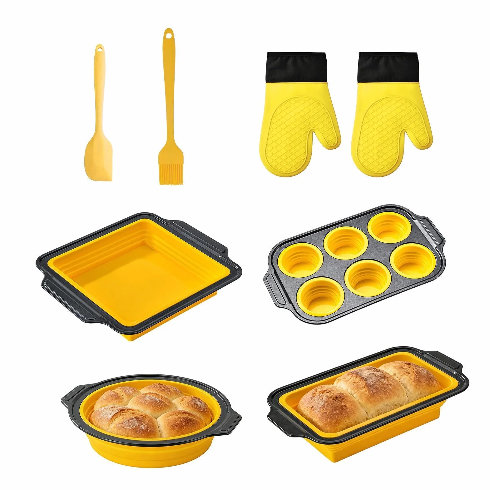 Silikonowa forma do pieczenia Naczynie stackowalne i bezpieczne w zmywarce | Z zestawem rękawic, skrobaczki i pędzelka Do muffinek, ciasteczek, babeczek, jajek,