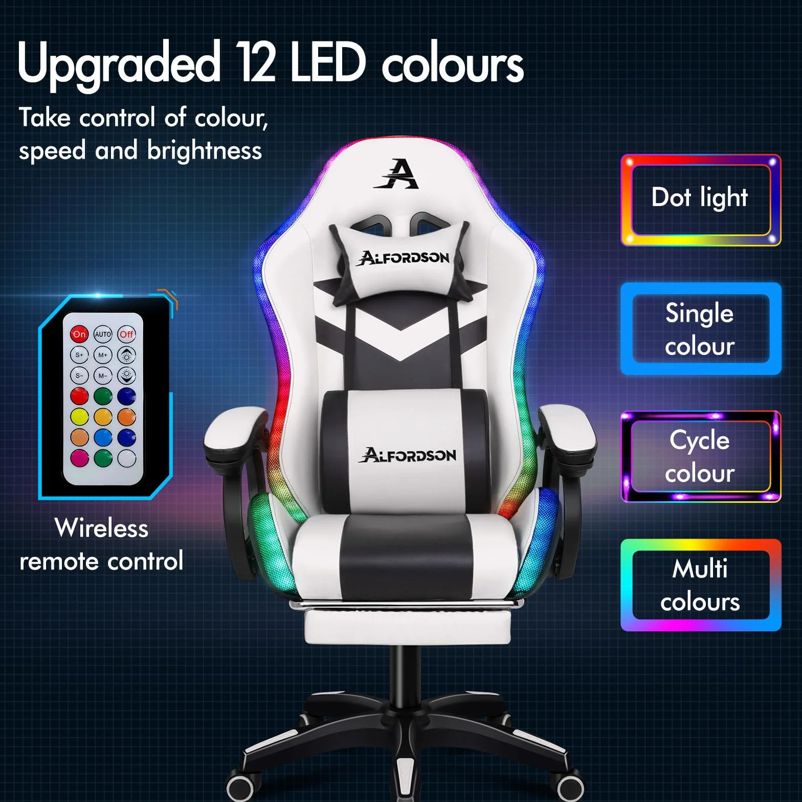 ALFORDSON Ergonomiczne krzesło do gier z oświetleniem RGB z 12 kolorowymi diodami LED, fotel z podparciem lędźwiowym i podnóżkiem, sztuczna skóra, biały