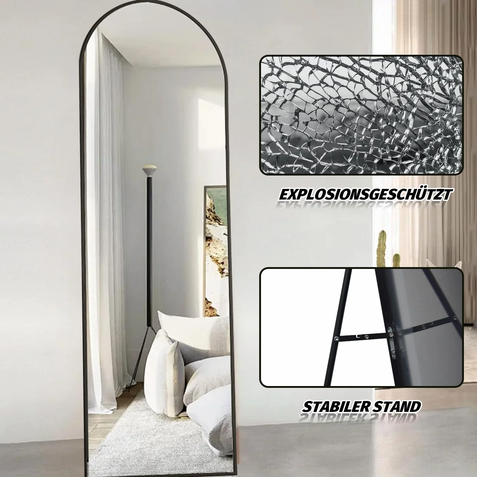 Kapler Lustro stojące łukowate 160 x 53 cm duże czarne lustro na całą stopę okrągłą dla Demana montowane na ścianie Deco Salon