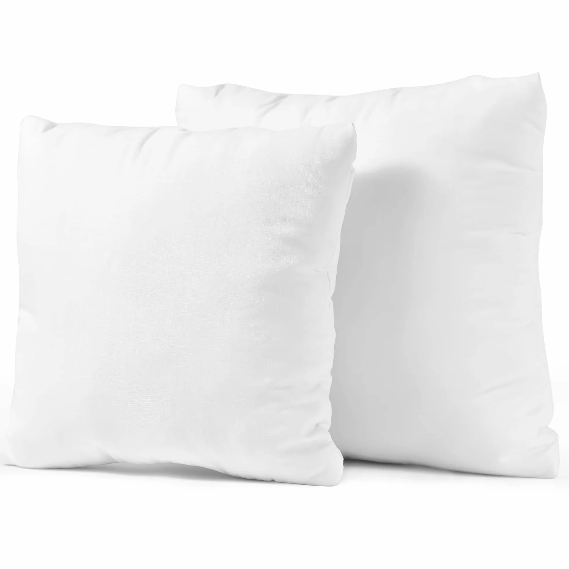 2 wkłady do poduszek 40 cm x 40 cm (16 x 16 cali). Tkanina z mieszanki bawełny i wypełnienie z włókna kanalikowego. 2 hipoalergiczne, białe poduszki, małe poduszki.