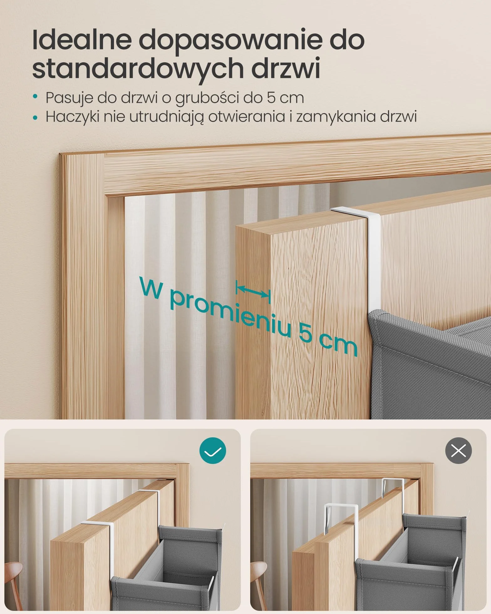 SONGMICS Wiszący regał magazynowy, Wisząca półka, Regał magazynowy na drzwi, Materiałowy regał drzwiowy, Przezroczysta siatka nylonowa, Metalowe haki, Kieszenie boczne, Gołębia szarość RDH007G01