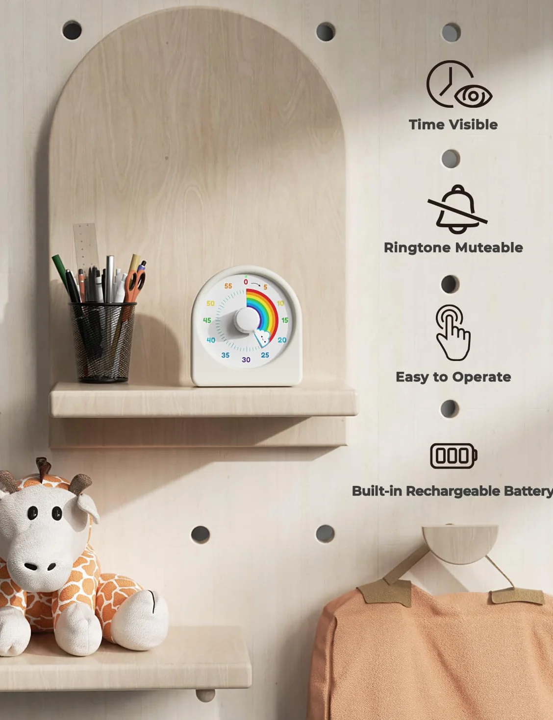 LIORQUE Timer wizualny dla dzieci, naładowalny wizualny timer pomodoro z odliczaniem dla dzieci w kolorze tęczy z magnesem z tyłu, narzędzie do zarządzania czasem do nauki
