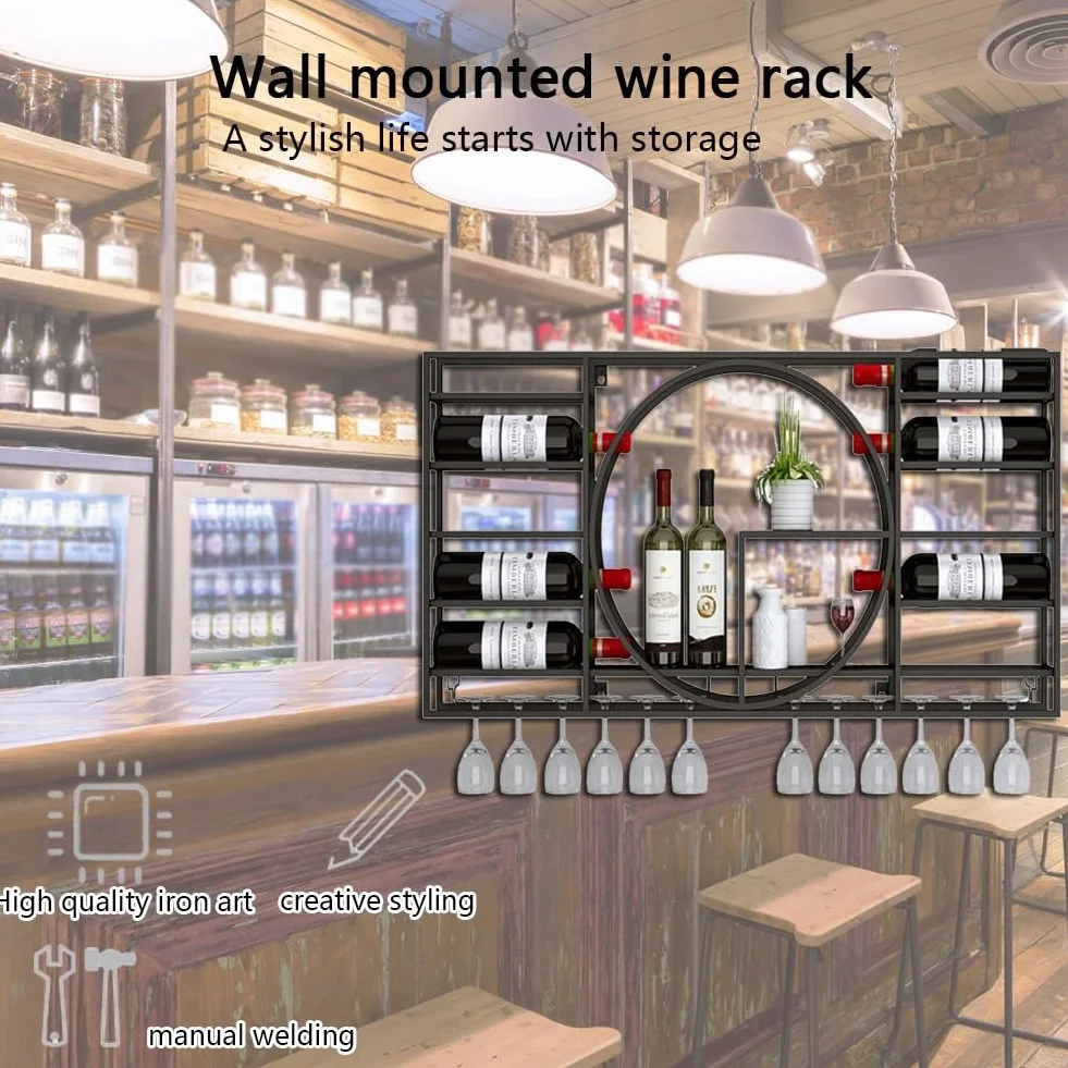 Metalowy stojak na wino montowany na ścianie do kuchni nowoczesna półka na butelki i szkło nizer z pływającymi półkami akcesoria barowe jednostka do przechowywania (kolor: Rosso Rozmiar: 110 x 10,9 x