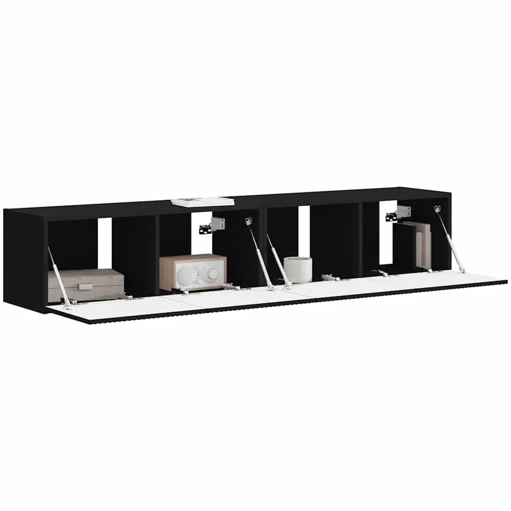 Szafka ścienna pod telewizor, zestaw 2 sztuk, czarna, 60 x 31 x 29,5 cm, materiał drewnopochodny, nowoczesne regały z drzwiami uchylnymi 90°, uniwersalny stojak pod telewizor do salonu