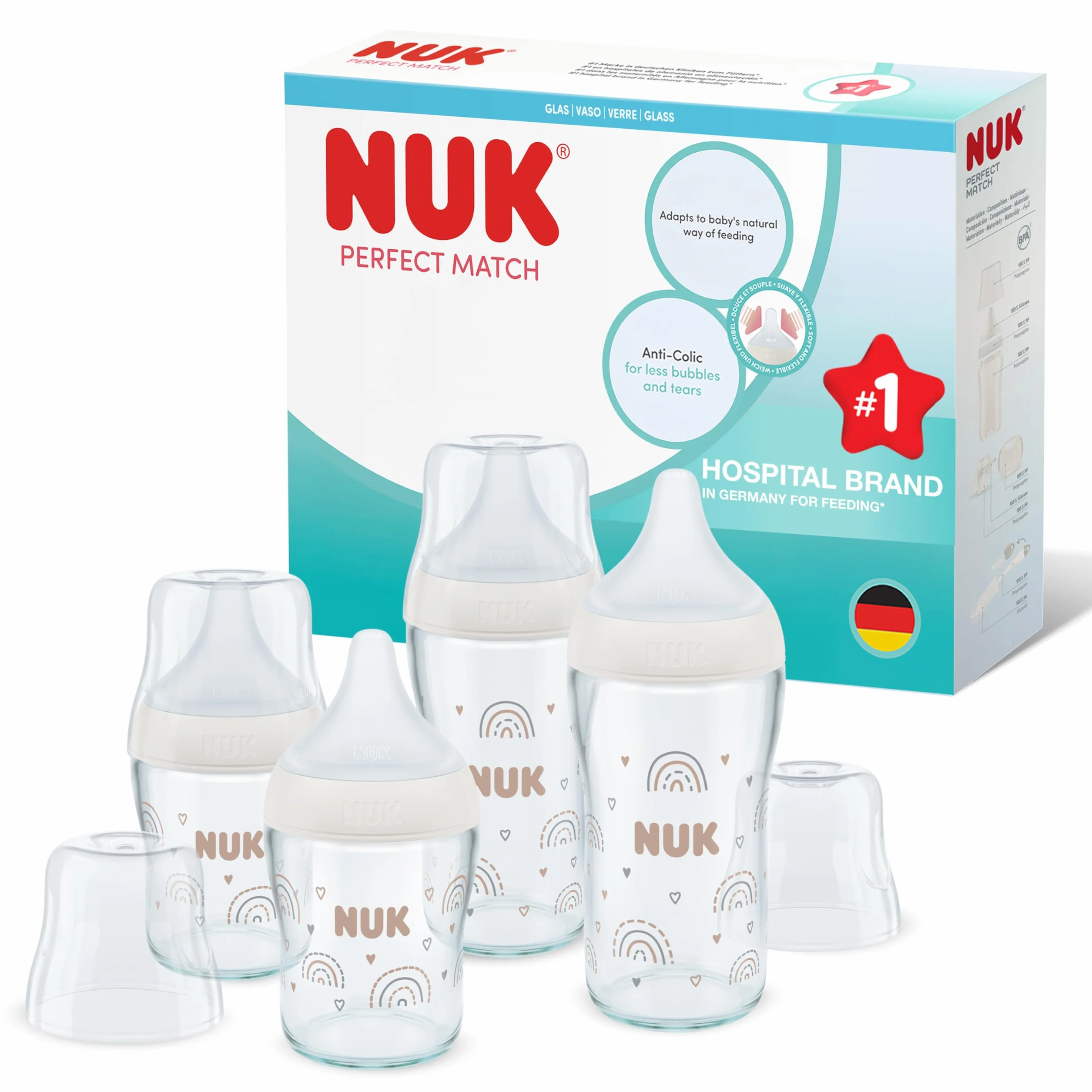 NUK Perfect Match zestaw szklanych butelek dla niemowląt, od 3 miesięcy, dostosowuje się do dziecka, kontrola temperatury, antykoliczne, 120 ml i 230 ml, nie zawiera BPA, silikonowy smoczek do picia,