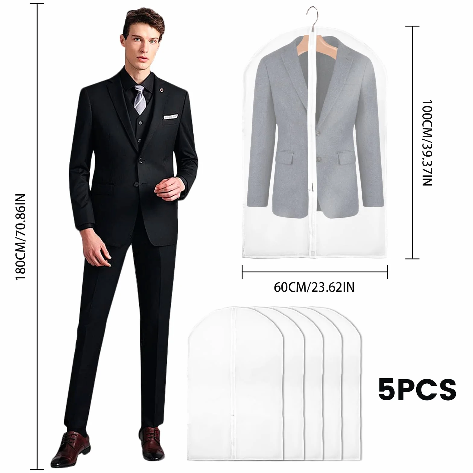 5 sztuk worków na ubrania, odporne na mole, 60 x 100 cm, pyłoszczelne worki na ubrania z zamkiem błyskawicznym, wiszące pokrowce na ubrania z tworzywa sztucznego do przechowywania i