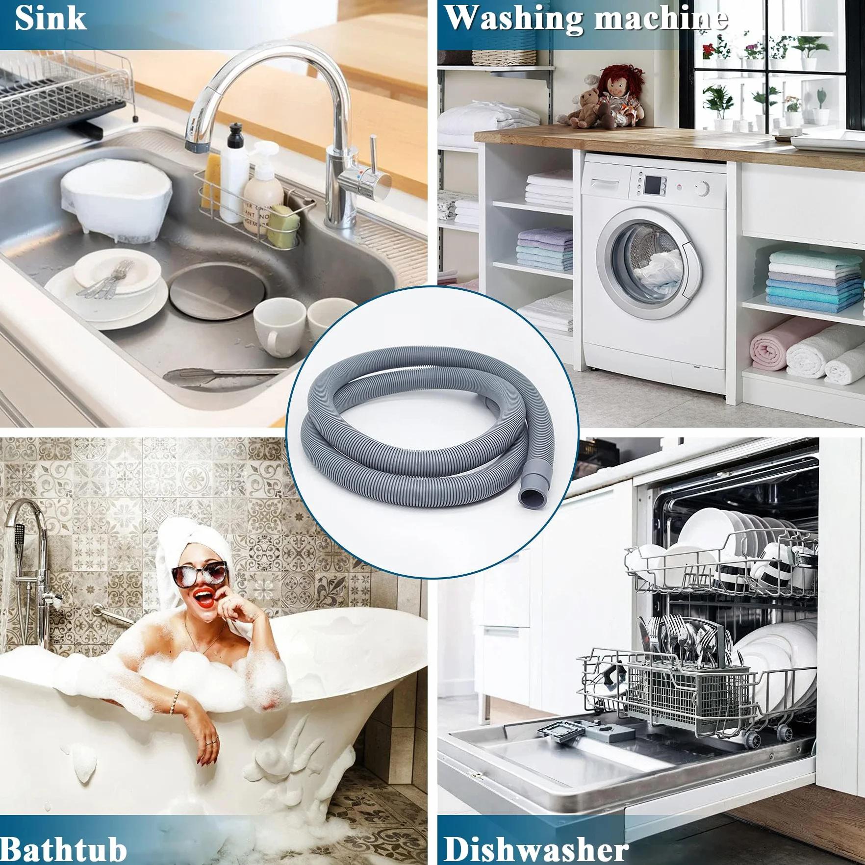 Wąż odpływowy przedłużacz do pralki, 1 m, uniwersalny wąż do pralki, wąż odpływowy, zmywarka, zestaw przedłużający, w zestawie złącze węża i obejmy do węża