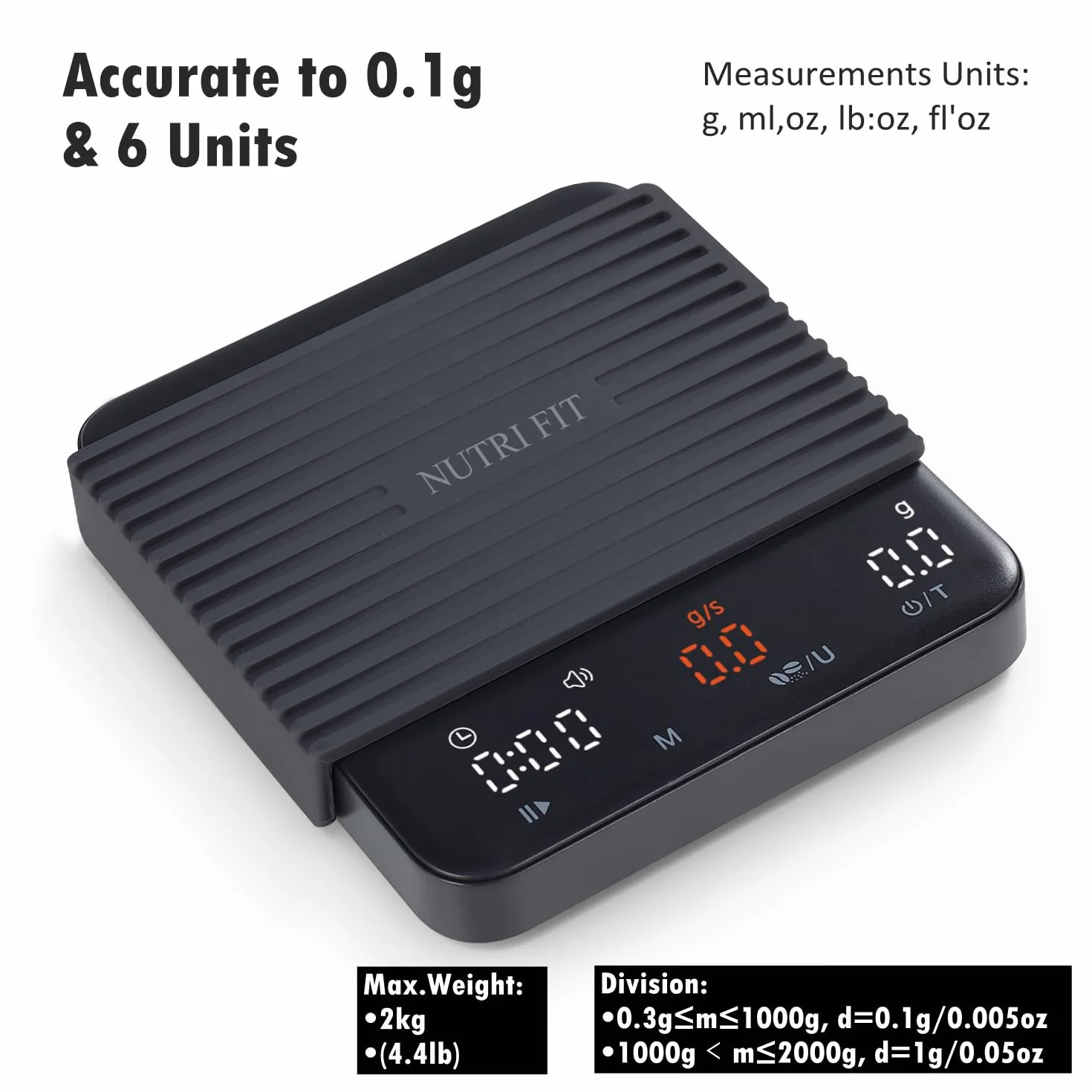 NUTRI FIT Mini waga do kawy z timerem, ładowalna waga kuchenna USB-C, przenośna waga do espresso z wyświetlaczem LED, rozmiar produktu 11,5 x 10 cm, 2 kg/0,1 g - czarna