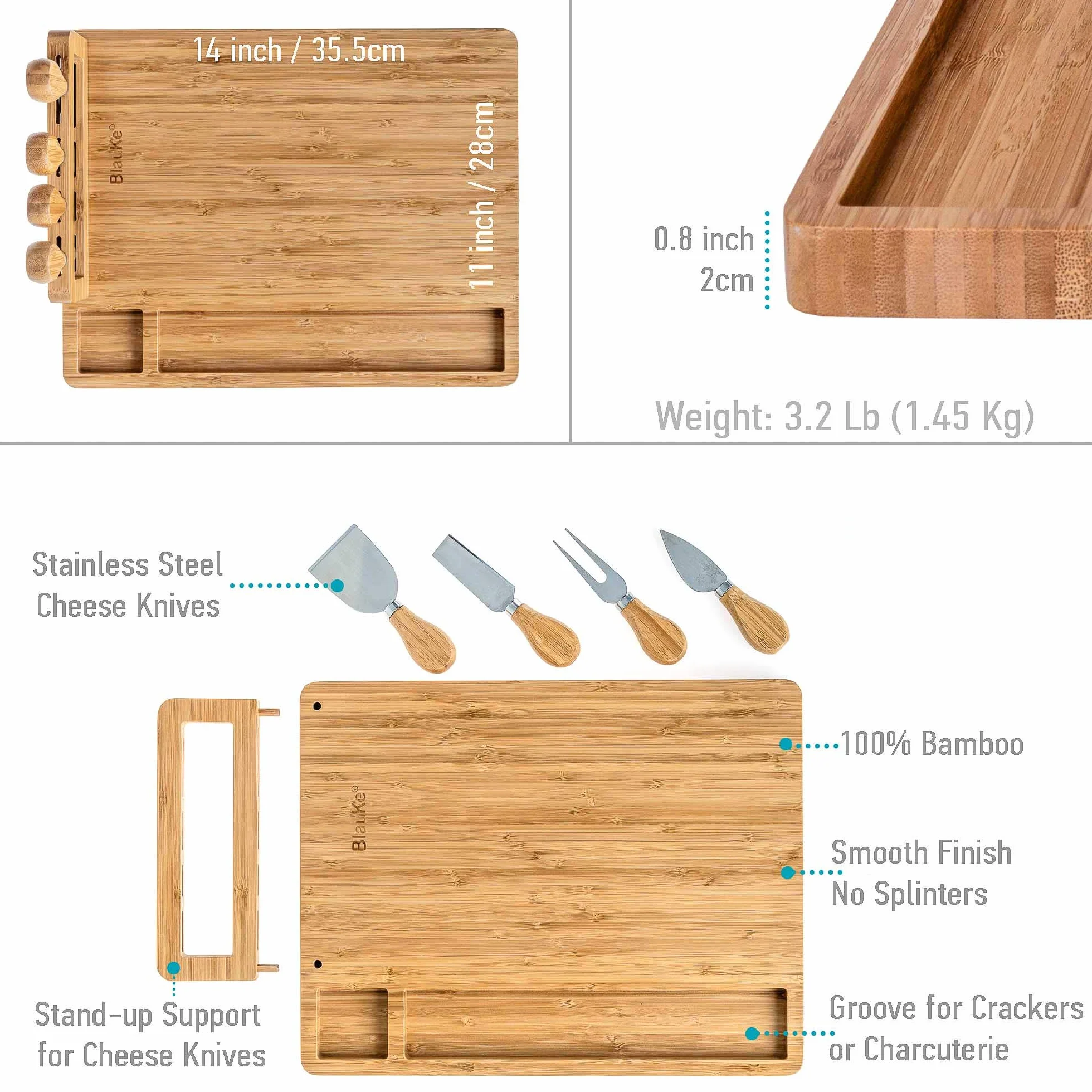 Bambusowa deska do sera z nożem do sera, zestaw 35 x 28 cm – drewniany talerz do serwowania serów i kanapek – deska do serwowania, drewniana deska do sera lub deska do krojenia, deska do serów