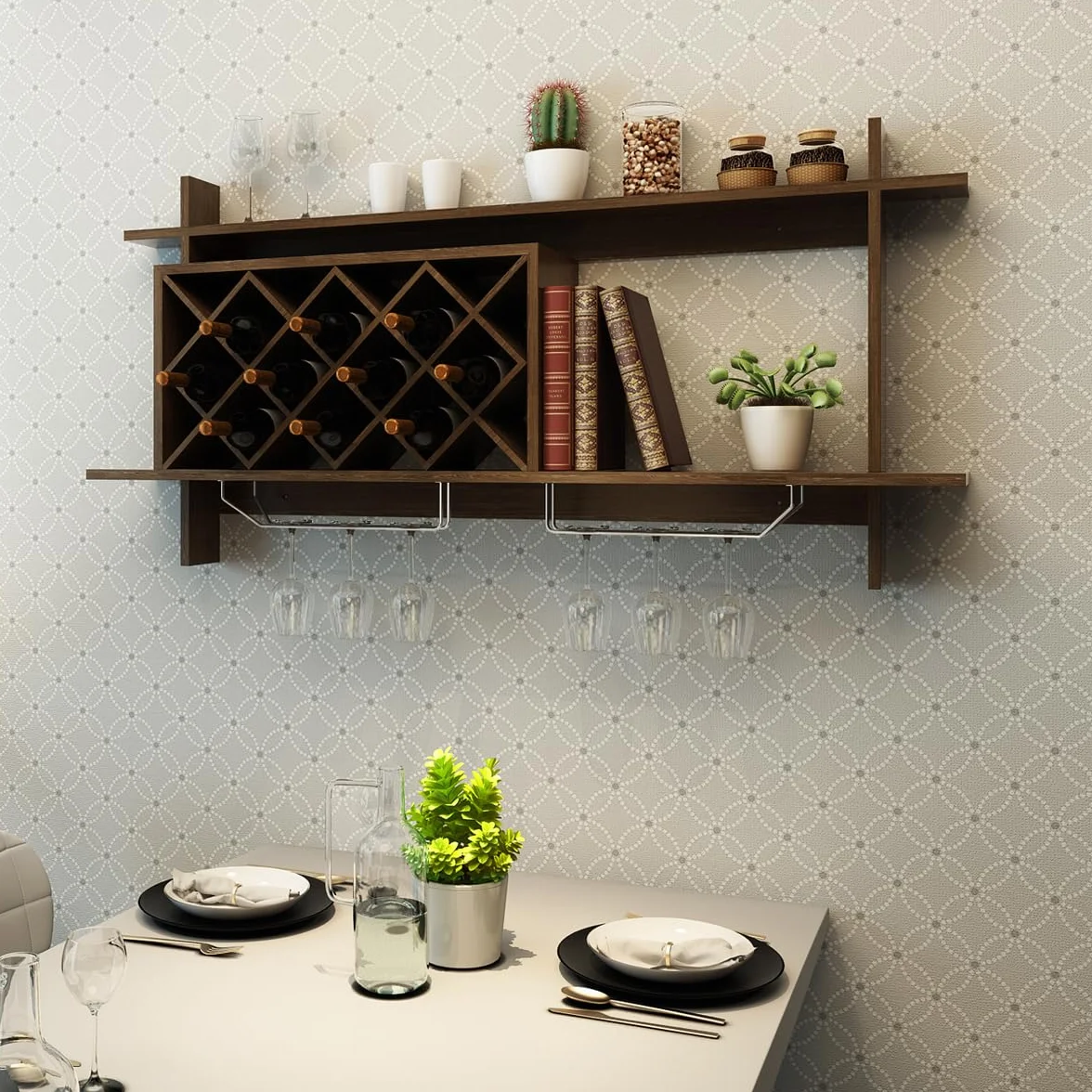 KOMFOTTEU Regał ścienny na 10 butelek, wiszący regał na wino z 2 uchwytami na kubki, uchwyt na butelki, montaż ścienny, 120 x 58 x 20 cm, drewniany regał do kuchni, piwnicy