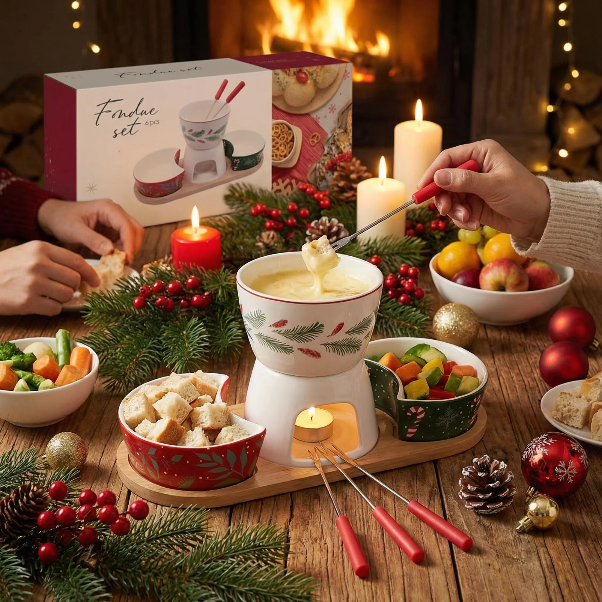 MIJOMA 6-częściowy zestaw do fondue bożonarodzeniowego – porcelanowe fondue z 2 widelcami, 2 miseczkami i drewnianą tacą – zimowy zestaw dekoracyjny i serwujący na świąteczne chwile rozkoszowania się