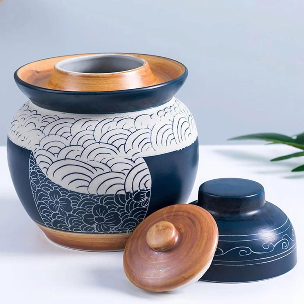 Duży ceramiczny słoik na marynaty z pokrywkami, niebieski tradycyjny porcelanowy słoik do marynowania, ceramiczny garnek fermentacyjny z uszczelką wodną pokrywką śluzy powietrznej, garnek z