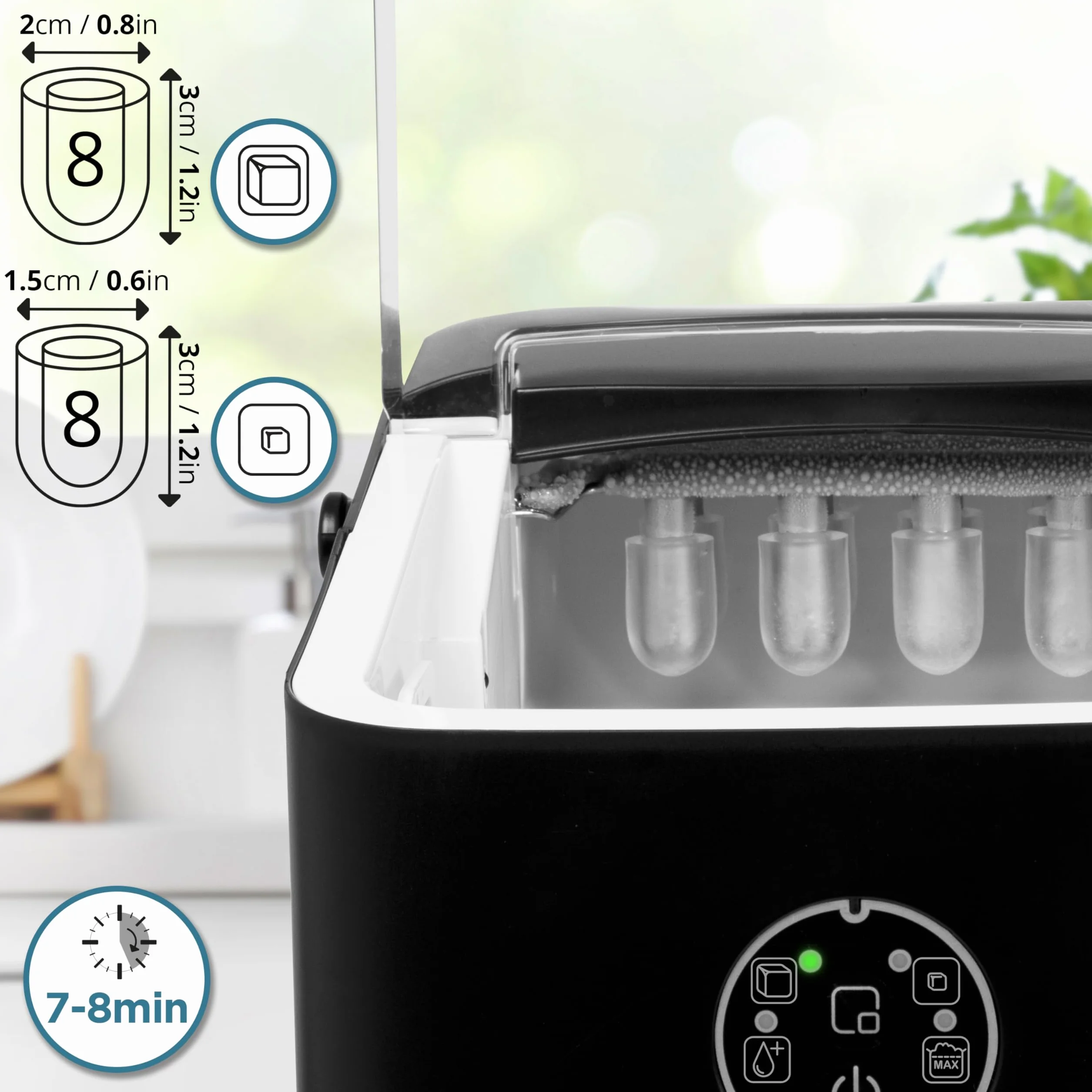 Duronic ICM12 BK Kostkarka do lodu elektryczna 120W | 8 kostek w 6 do 8 minut | Kosz o pojemności 1 litra i szpatułka | Zbiornik 1 litr | Lód do zimnych napojów i koktajli | przezroczysta pokrywka