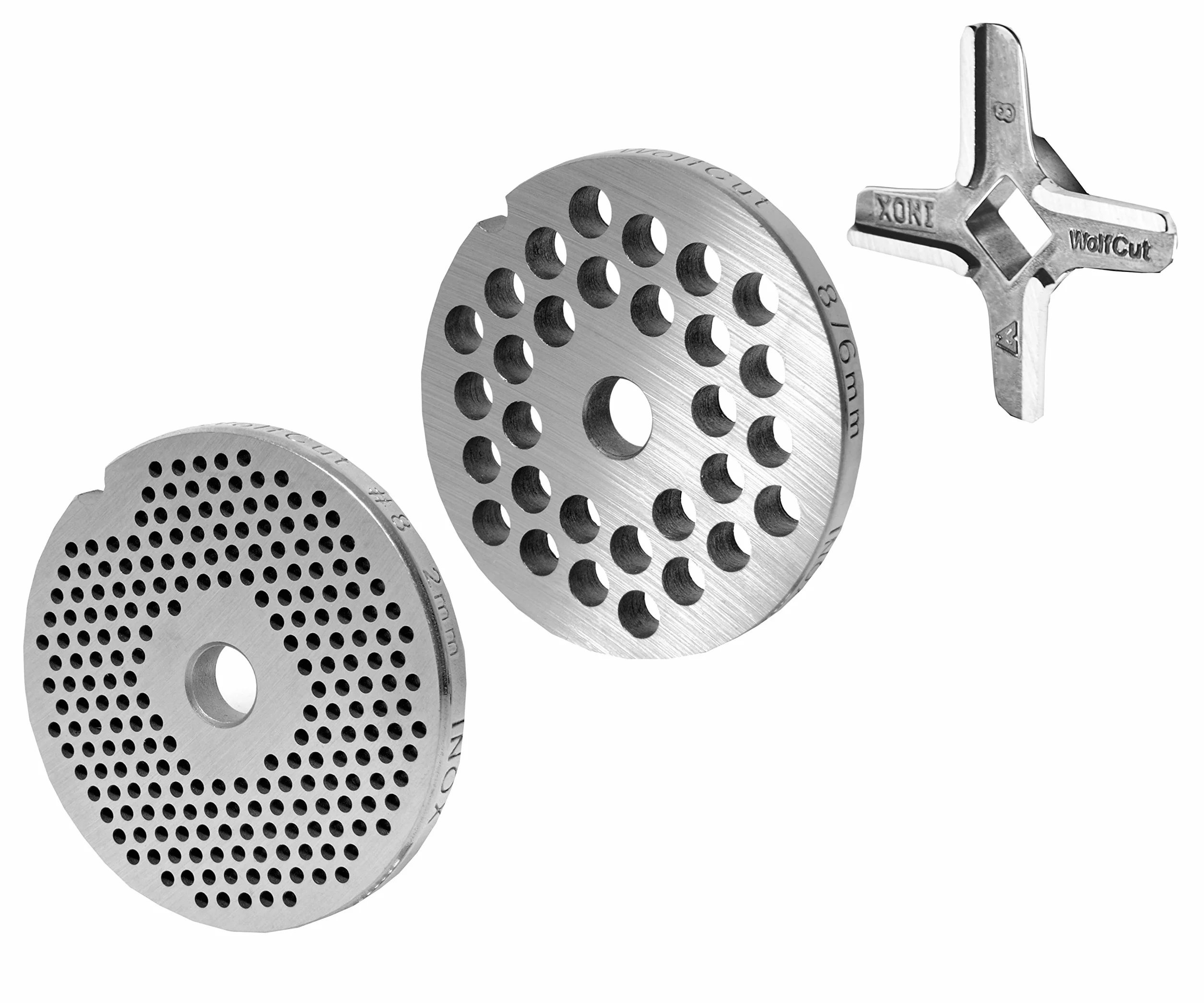 WolfCut Zestaw tarcz do wszystkich maszynek do mięsa w rozmiarach 8/2 mm + 6 mm + 1 nóż krzyżowy Eversharp – do maszynki do mięsa Jupiter – Bosch – Alexanderwerk