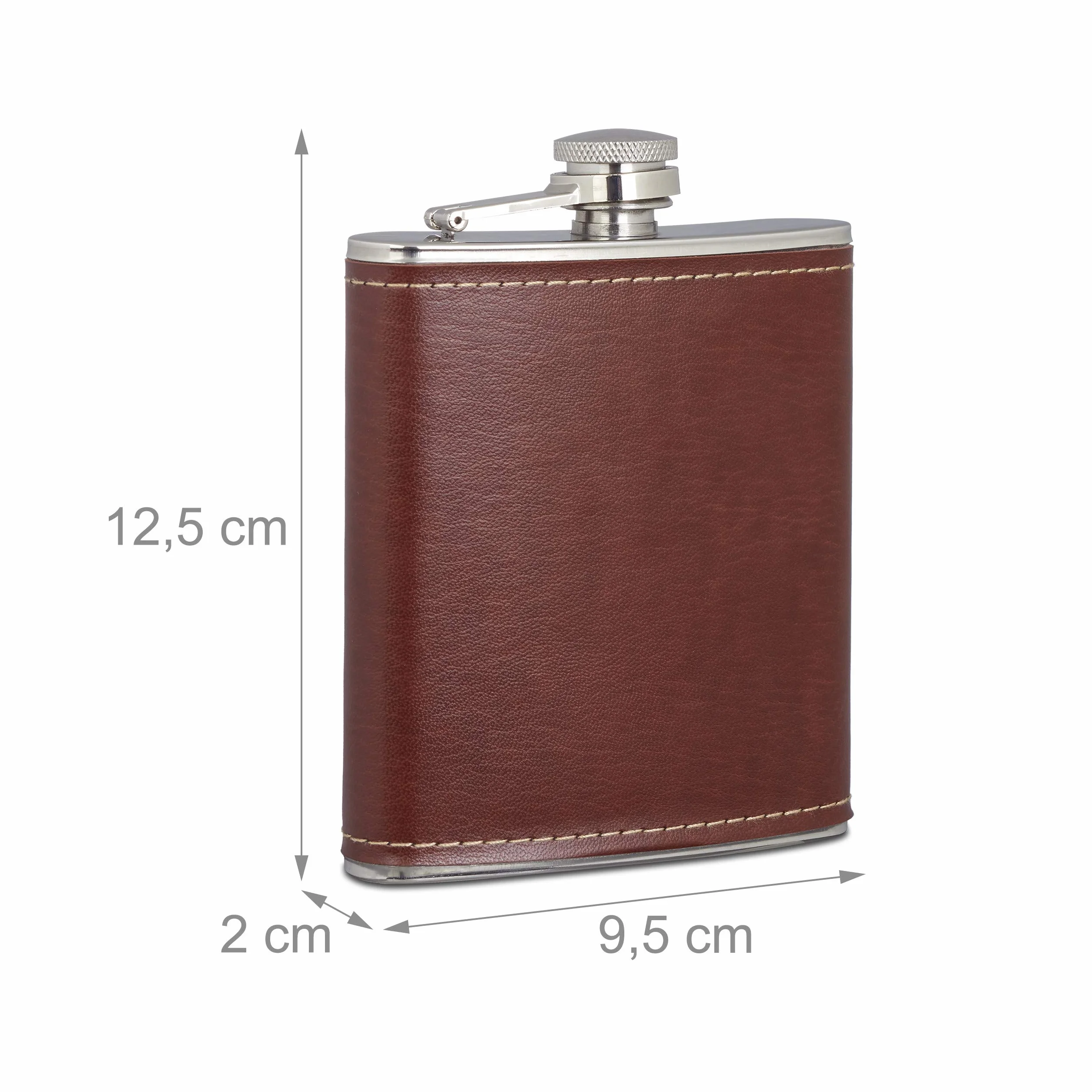 Relaxdays Flachmann 200 ml, butelka kieszonkowa ze stali nierdzewnej z etui ze sztucznej skóry, mała piersiówka w podróży, brązowa, 1 sztuka sztuczna skóra