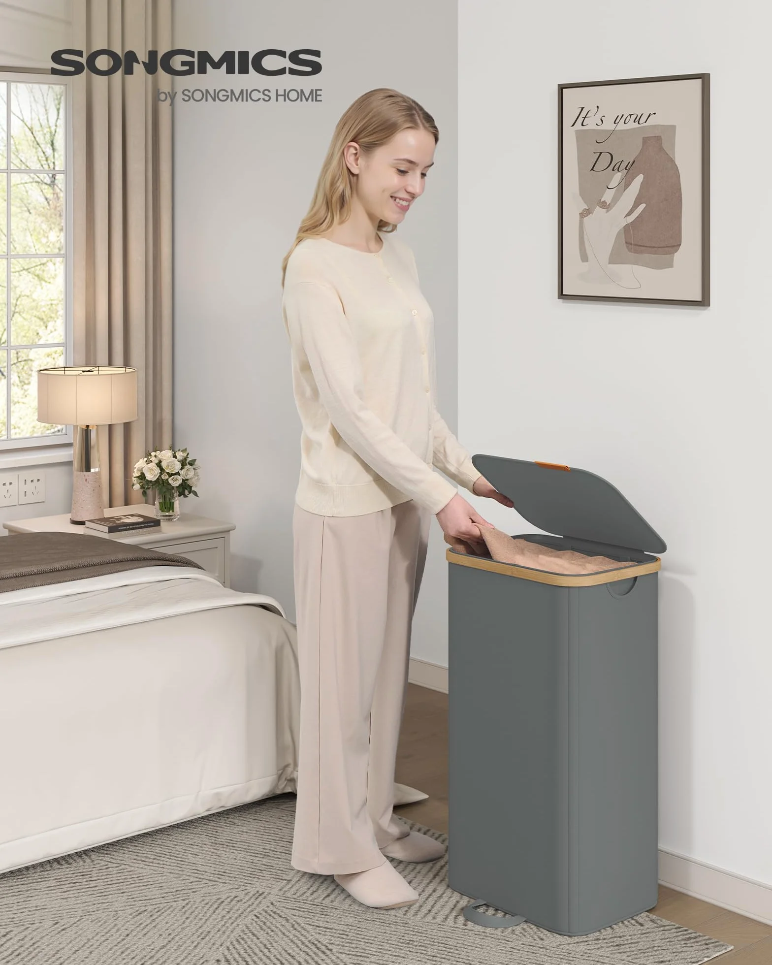 SONGMICS Kosz na pranie z pokrywką, kosz na pranie, kosz na pranie, wyjmowany worek na pranie, rama bambusowa, do pralni, sypialni, 100 litrów, szary łupek LCB531GN01