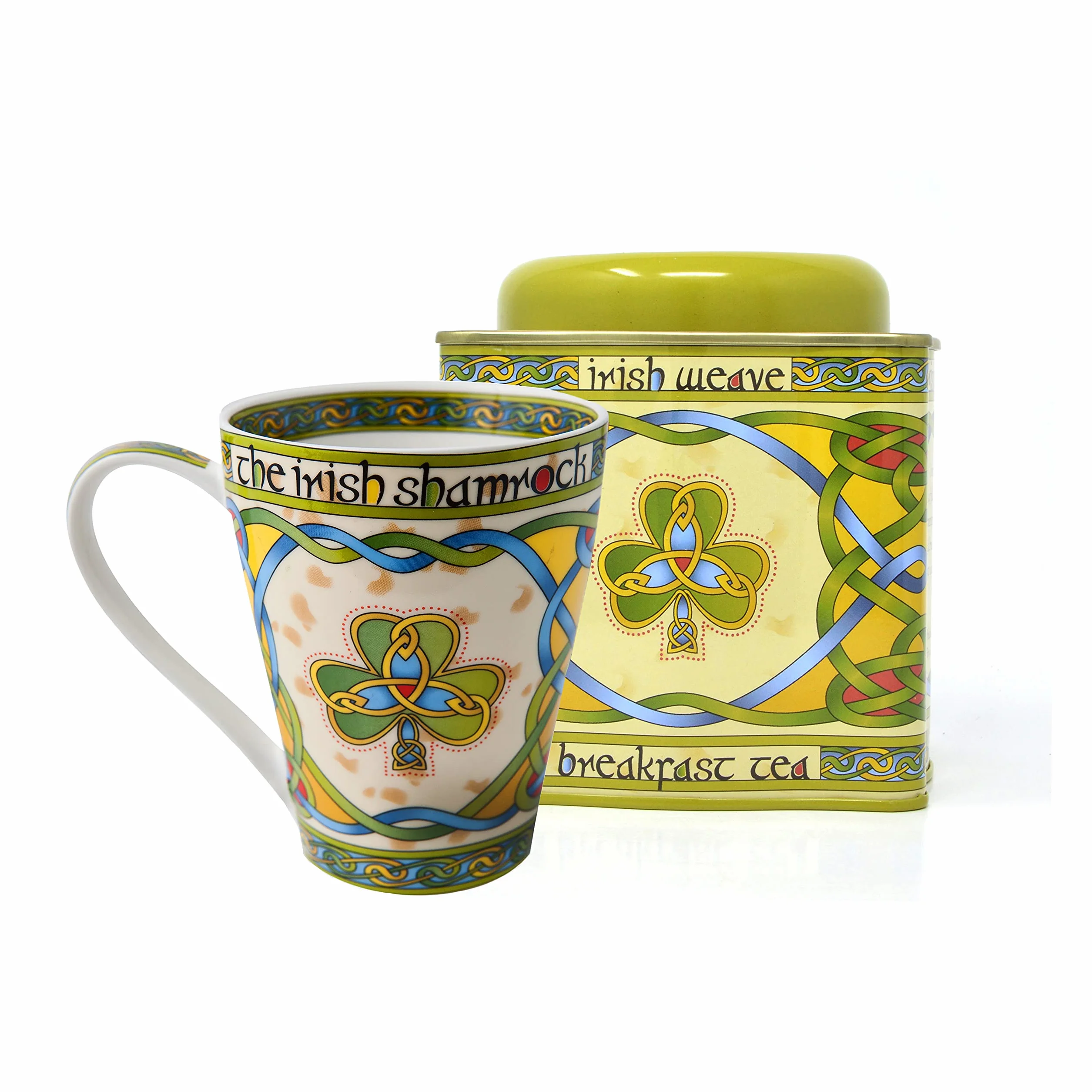 Royal Tara Zestaw 1 filiżanka do kawy z koniczyną irlandzką z celtyckimi węzłami – kubek do herbaty z porcelany kostnej – 385 ml i 1 nowa herbata śniadaniowa – irlandzki splot wielokrotnego użytku puszka 50 sztuk
