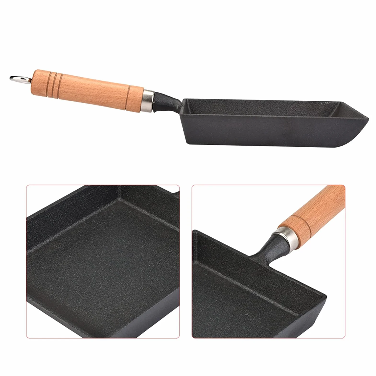 Tamagoyaki Patelnia żelazna Japońska Patelnia Jaja Prostokąt Miski Miski Japońska Miska do Patelni Drewniana Rączka Tamagoyaki Panecznia na Gazach Gazowych, Halogenowych,