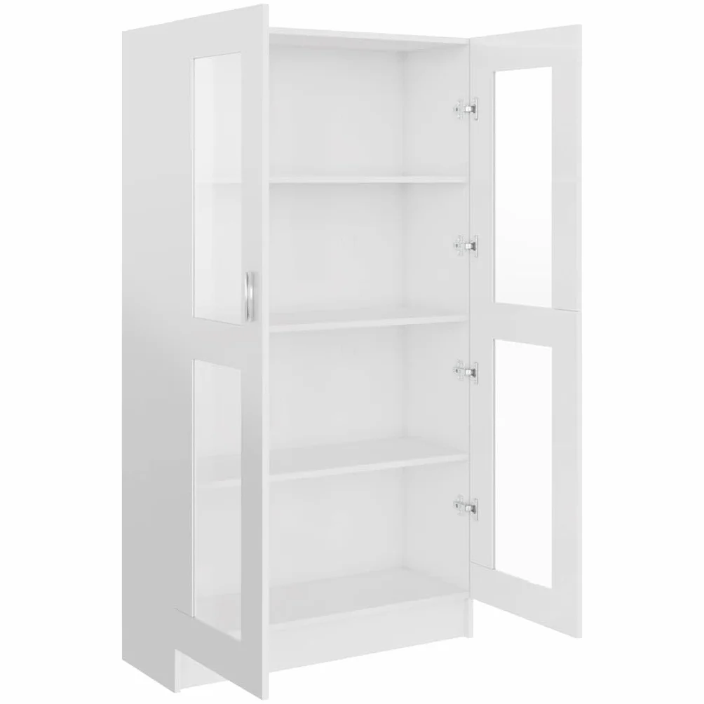 Szafa z witryny, wysoki połysk, biały, materiał drewnopochodny, 82,5 x 30,5 x 150 cm, z 4 półkami i 2 drzwiami, wolnostojąca, nie zajmuje dużo miejsca, do salonu, biura, sypialni, miejsca do