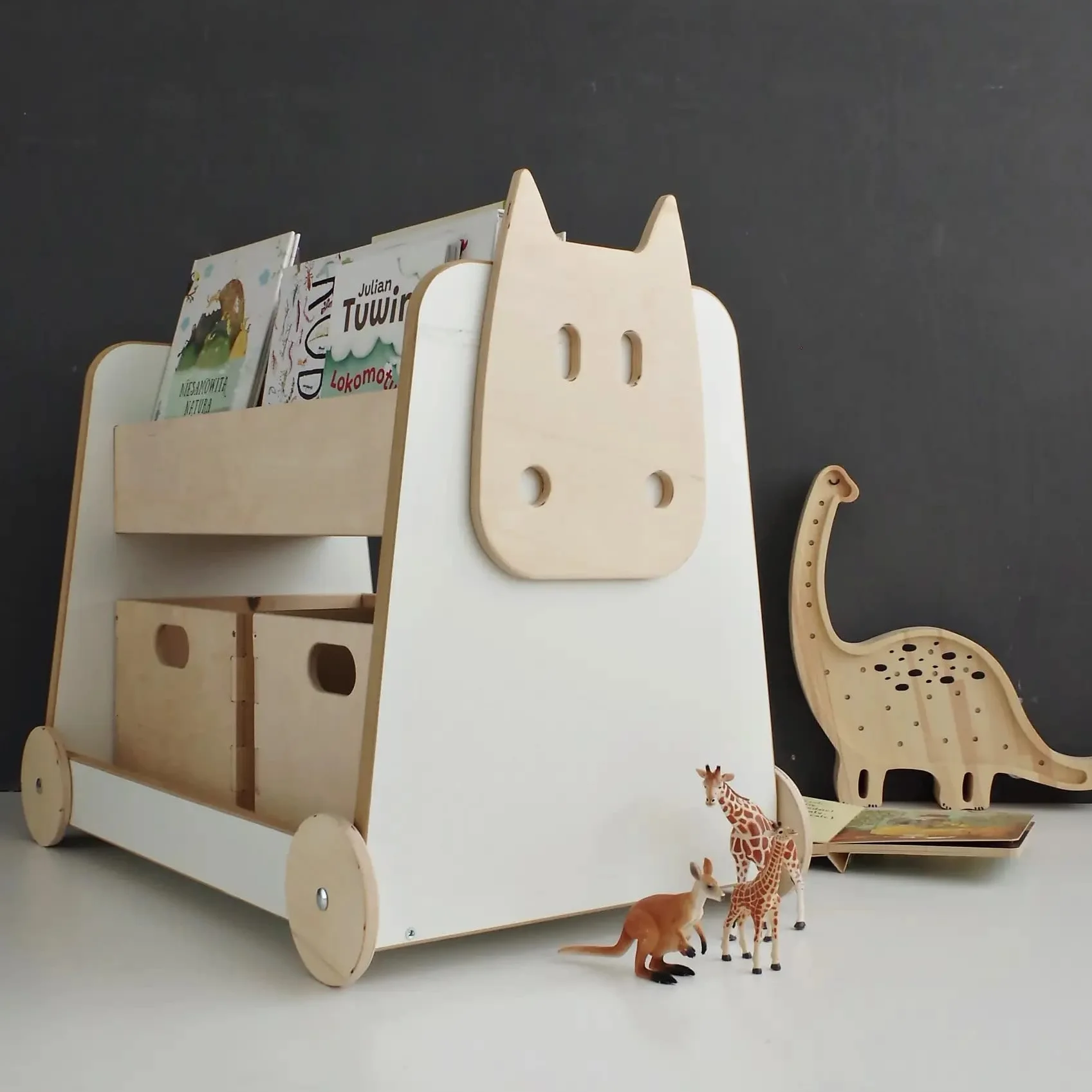 Babywood Regał na książki na kółkach | bezpieczny regał na książki dla dzieci | regał na książki Montessori | regał na książki magazynowe
