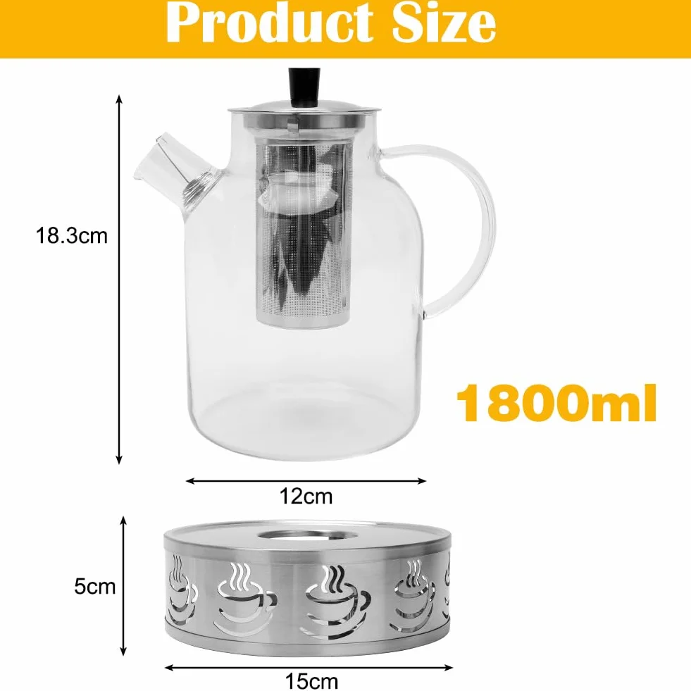 Szklany dzbanek do herbaty 1800 ml z sitkiem i podgrzewaczem ze stali nierdzewnej