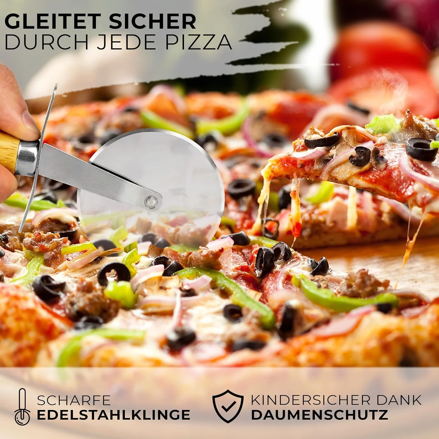 BAMBUA Nożyk do pizzy - [100% bez plastiku] Rolkowy nóż do pizzy z eleganckim uchwytem bambusowym - Wykonany z bambusa Moso - Wysokiej jakości ostrze ze stali nierdzewnej - Premium nożyk do pizzy