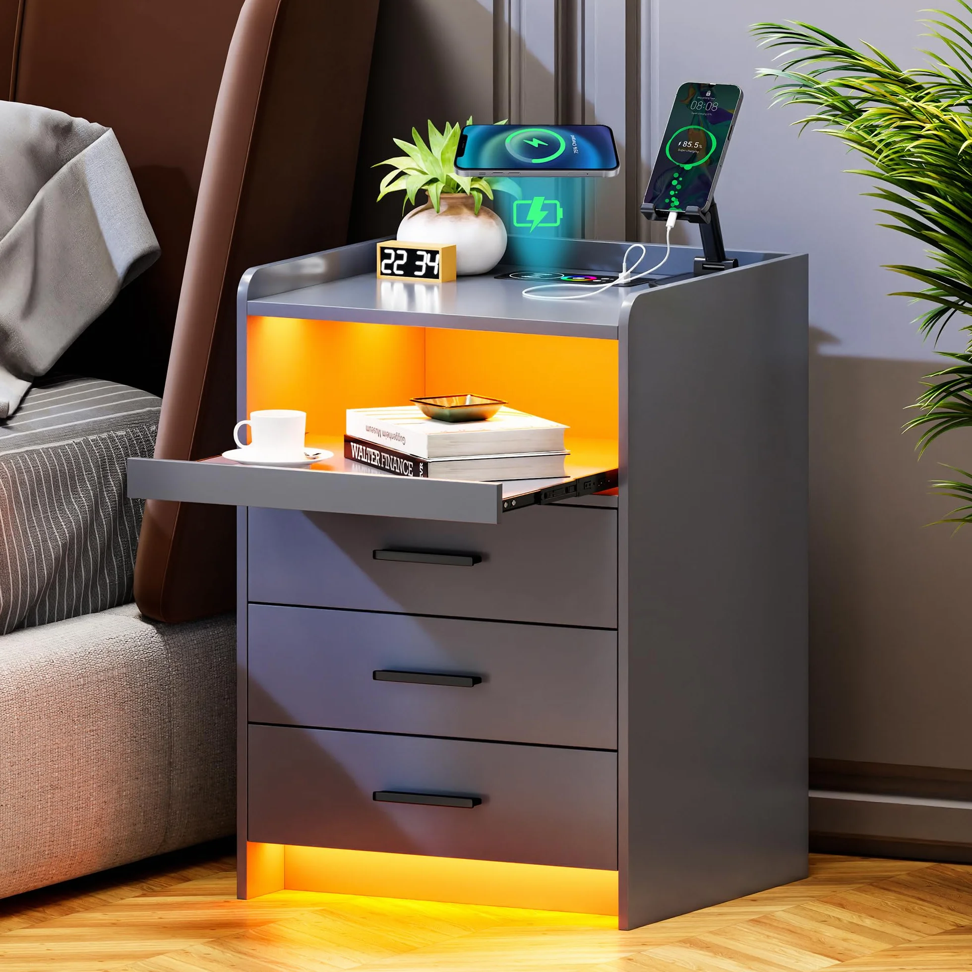 Lvifur Stolik nocny LED ze stacją ładującą, 24 kolory możliwość ściemniania stolik nocny z 3 szufladami, automatyczny czujnik TYPE-C USB salon sypialnia szary