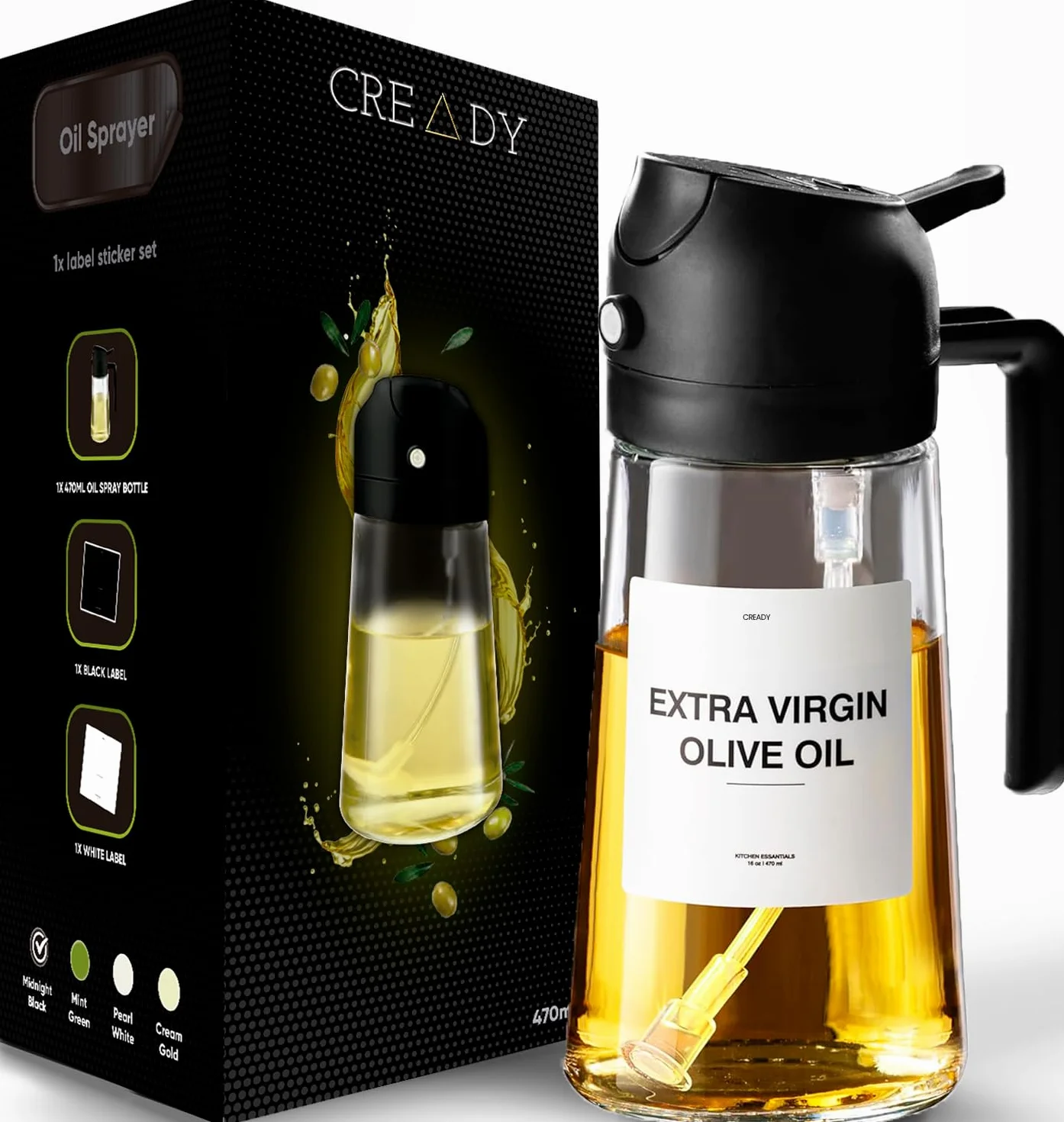 CREADY Czarny Spray Oleju Kuchennego 470ml | Dozownik Oleju Spray 2 w 1 | Frytownica Powietrza Spray Oleju | Spray do olejów | Spray do spryskiwacza | Spray do oleju | Dozownik oleju