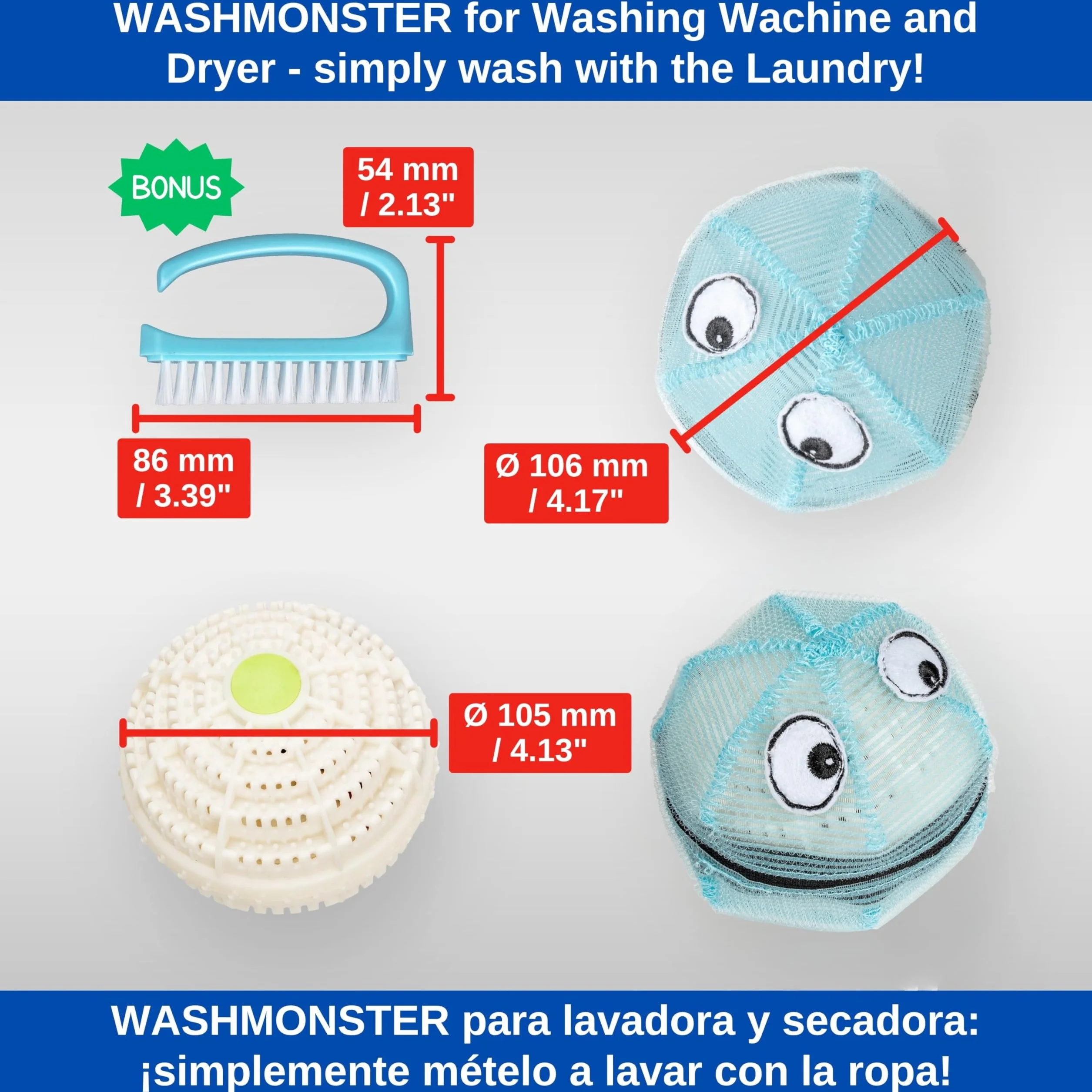 WASHMONSTER łapacz do włosów do pralki, suszarki do prania, 1 zestaw, niebieski, filtr do włosów zwierzęcych, ludzkich włosów, sito kłaczków, Ø 106 mm, piłka do prania z perłami do prania, kulka do