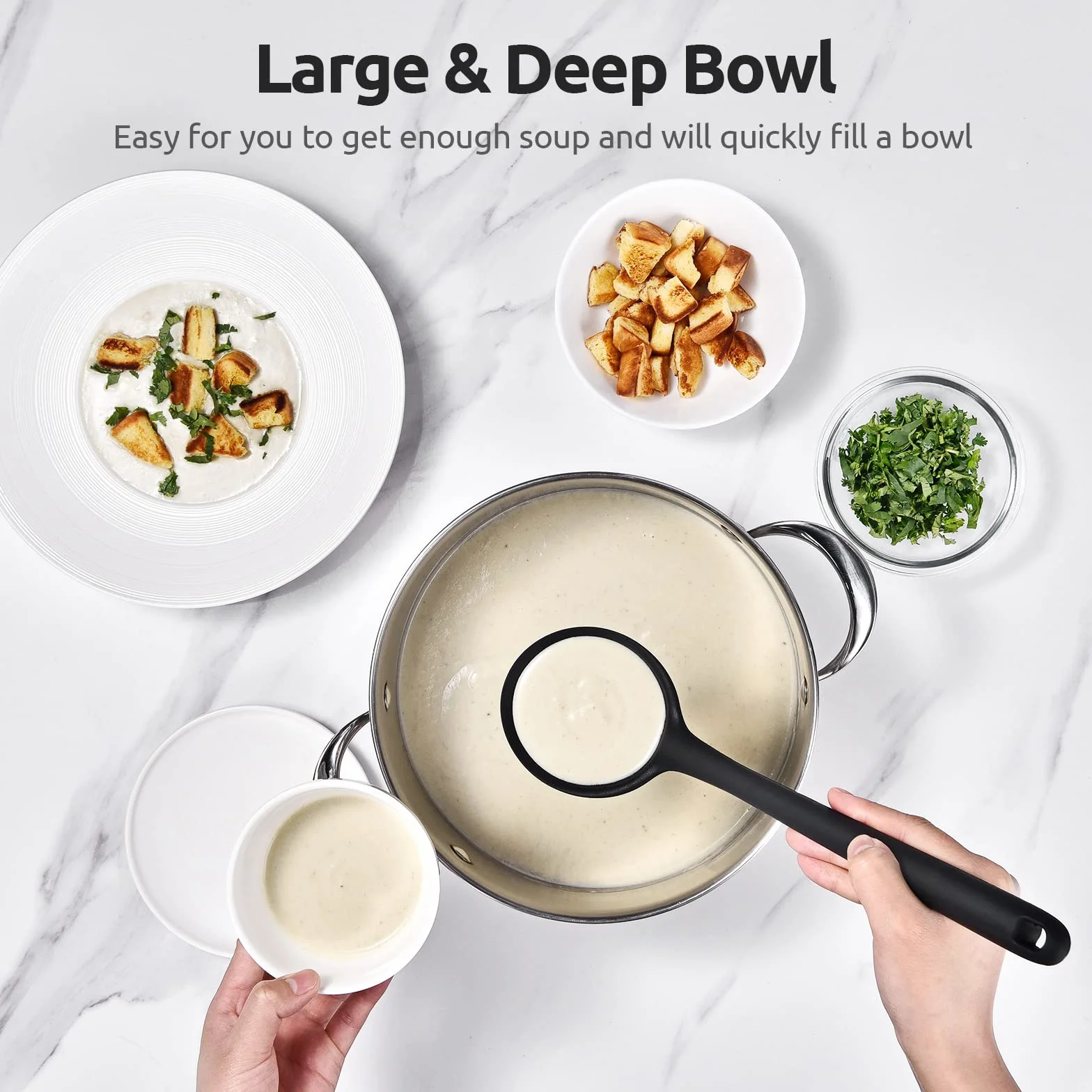 34 cm silikonowa chochla do zupy: U-Taste 315℃ Odporna na ciepło, nieprzywierająca, bezszwowa guma Duża kuchnia Głęboka łyżka do serwowania z antypoślizgową, solidną, długą rączką (Czarny)