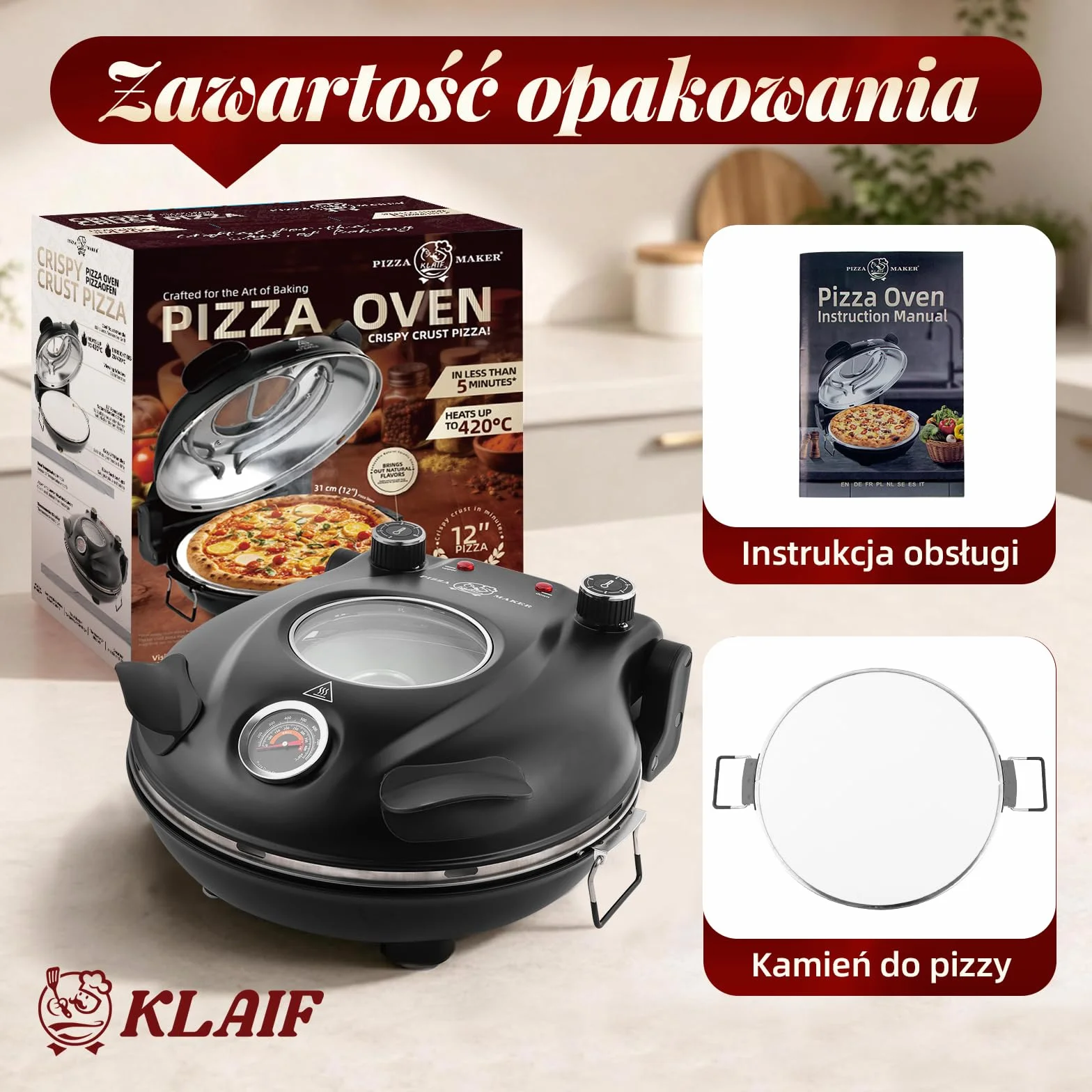 Klaif Elektryczny Piec do Pizzy, Termometr Widoczny & Szklane Okno, Ekspresowa 4-minutowa Piec do Pizzy z Kamieniem Ceramicznym 31cm, 5 Ustawień Temperatury (max 420°C), 1200W, LM-Czarny