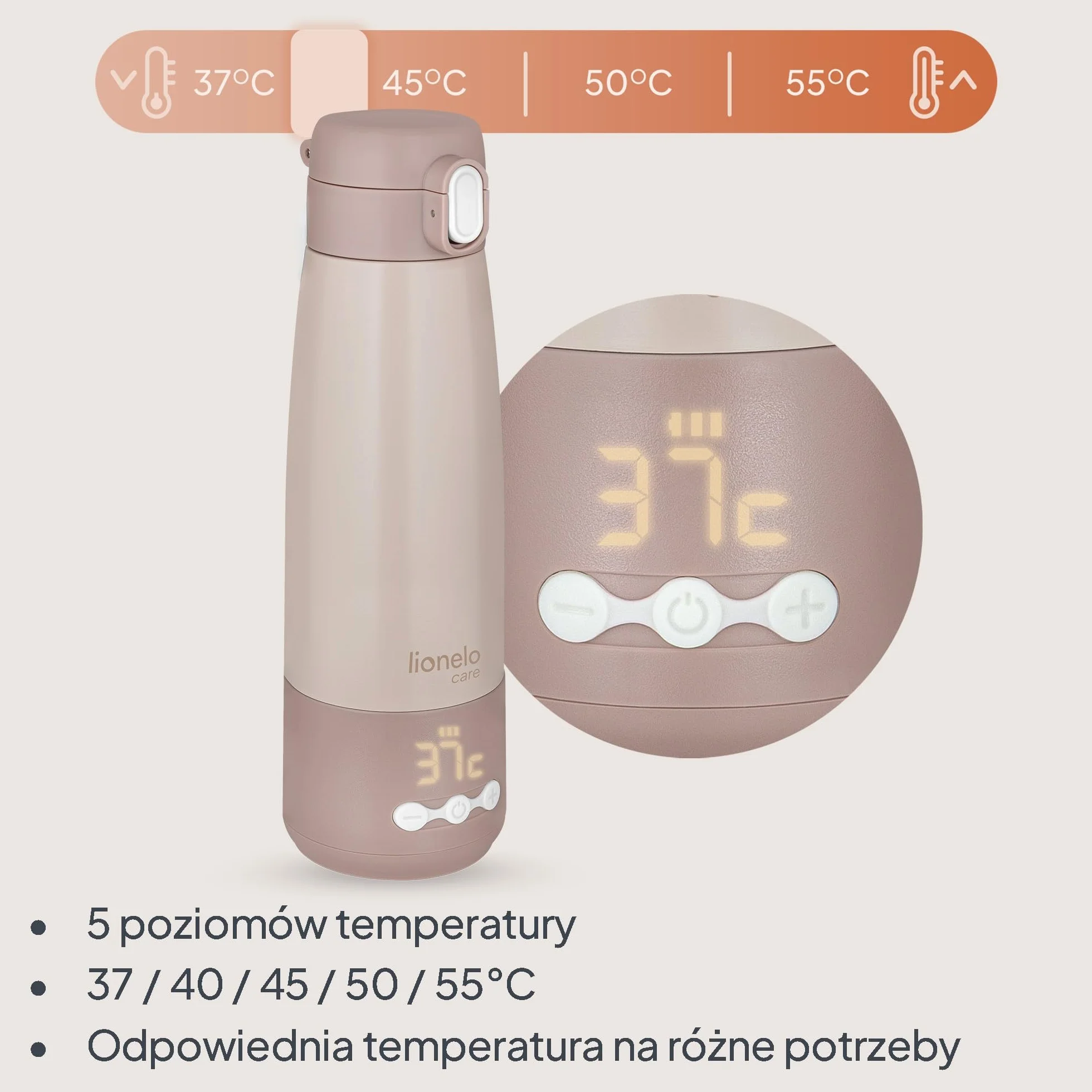 Lionelo Thermup Bottle przenośny podgrzewacz do butelek dla niemowląt, bezprzewodowy, z funkcją ogrzewania, podgrzewa mleko lub wodę w 3,5 min., 37-55 °C, utrzymuje ciepło do 20 h, stal nierdzewna