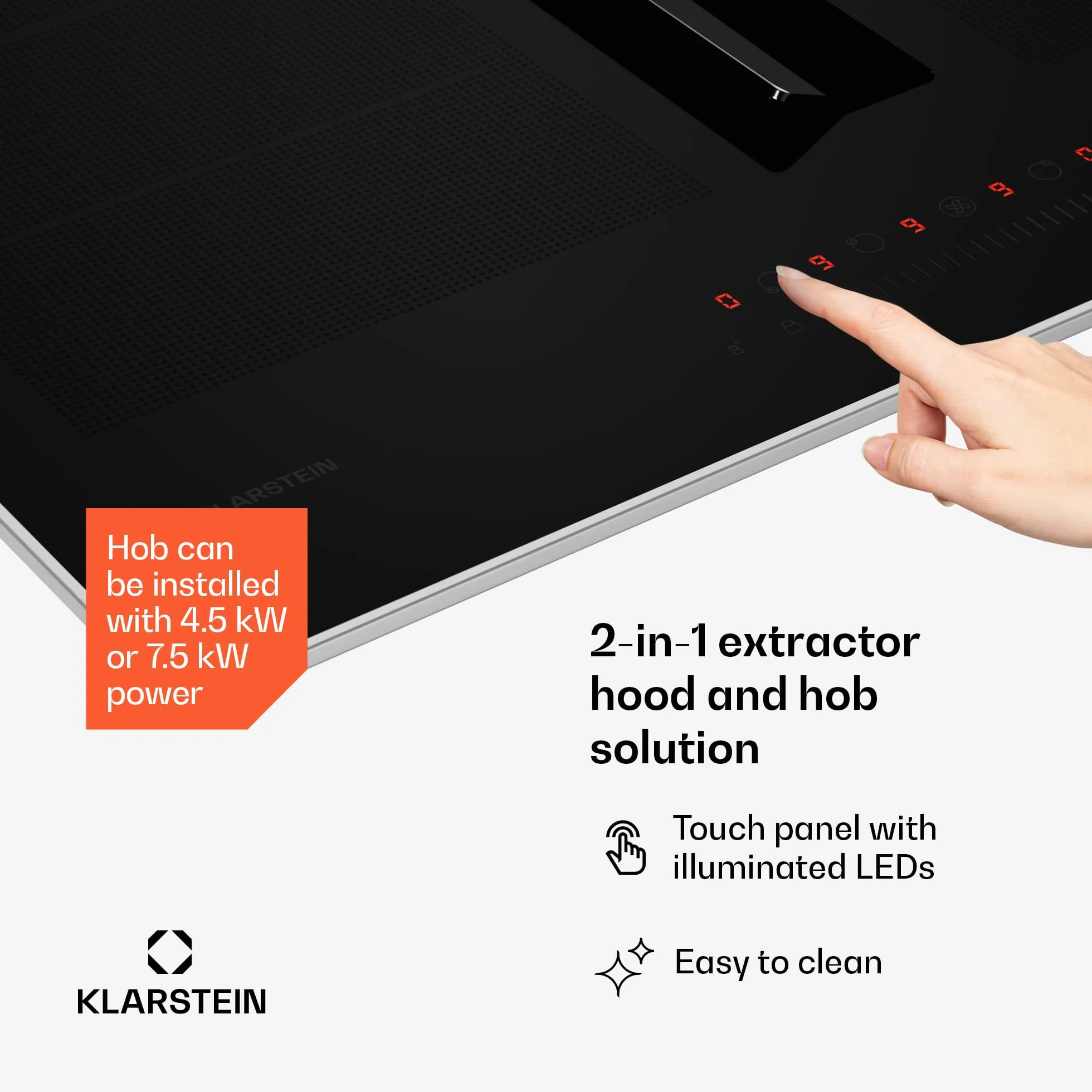 Klarstein Chef-Fusion Płyta indukcyjna z okapem - 7200 W, Przepływ 590 m³/h, Strefa Flex i Boost, Klasa energetyczna A, Powierzchnia szklana, Oszczędność miejsca, Blokada rodzicielska, Czarna