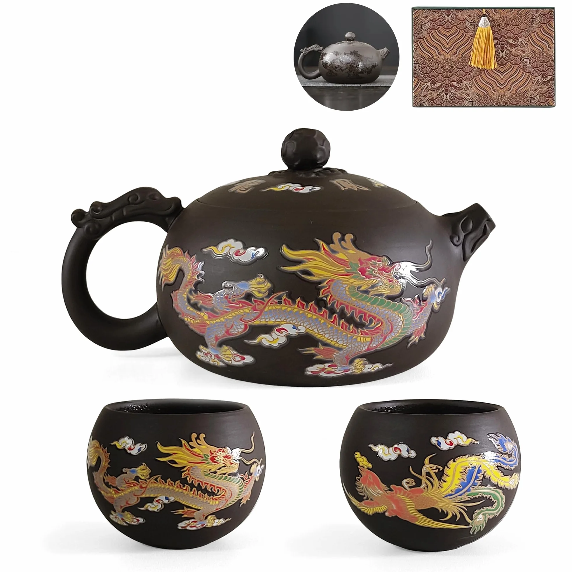Yixing Zisha dzbanek do herbaty zestaw 450 ml, chińskie dzbanki do herbaty zmieniające kolor w pudełku prezentowym, duży dzbanek do herbaty Kung Fu, fioletowy czajnik z 2 filiżankami, ręcznie