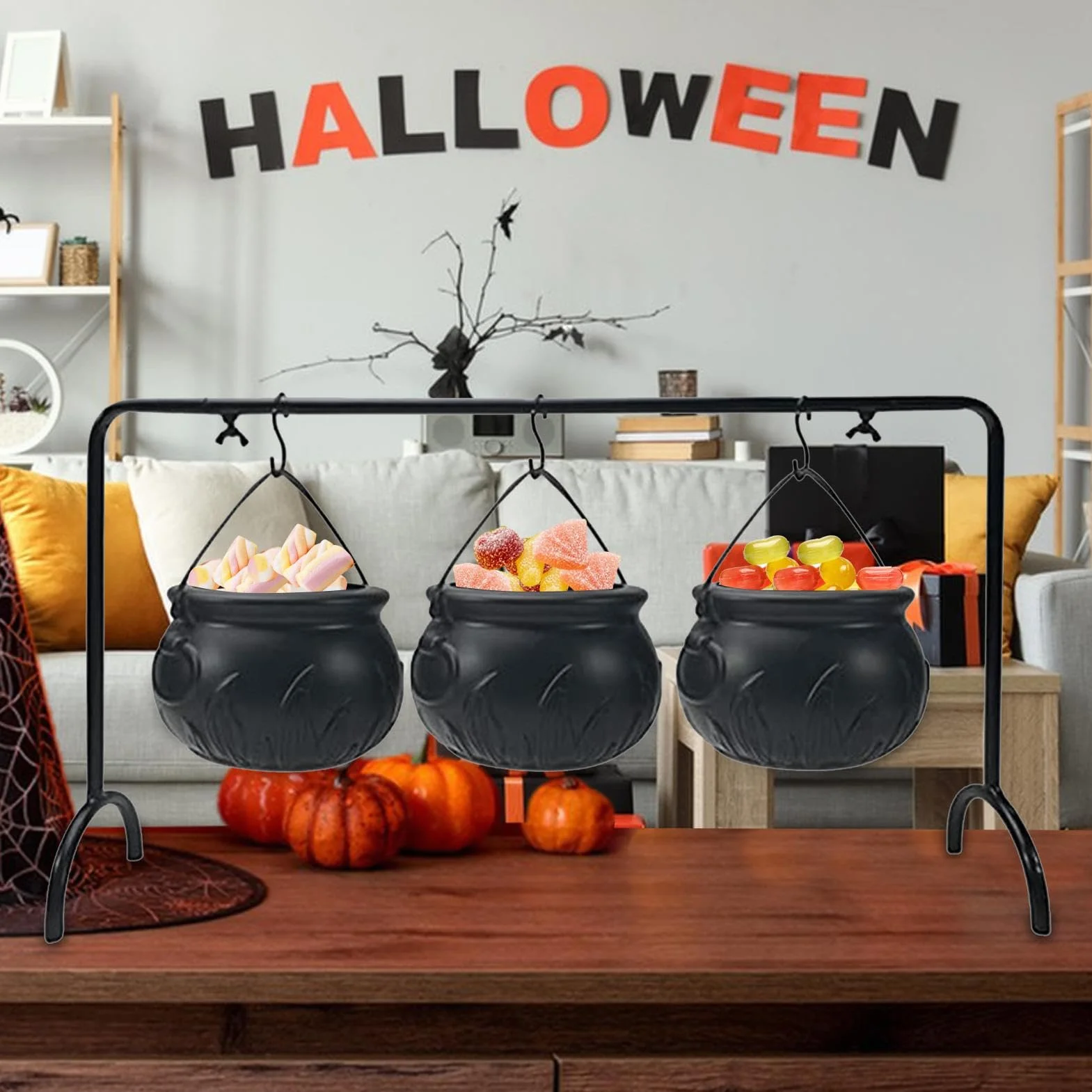 Zestaw 3 misek do serwowania czarownic, Halloween, czarny czajnik, wiaderko na słodycze, kociołek czarownicy na stelażu, zestaw kociołków na słodycze, na słodycze lub psikusy, dekoracja Halloween