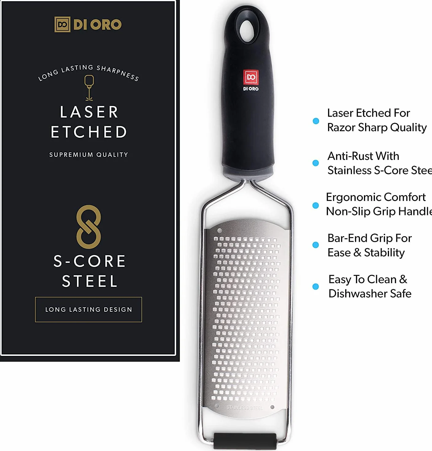 DI ORO® ręczna tarka i zester do cytryn - bez trudu ściera wszystkie rodzaje żywności i łatwo się czyści - ergonomiczny, wygodny uchwyt i ostra jak brzytwa stal nierdzewna