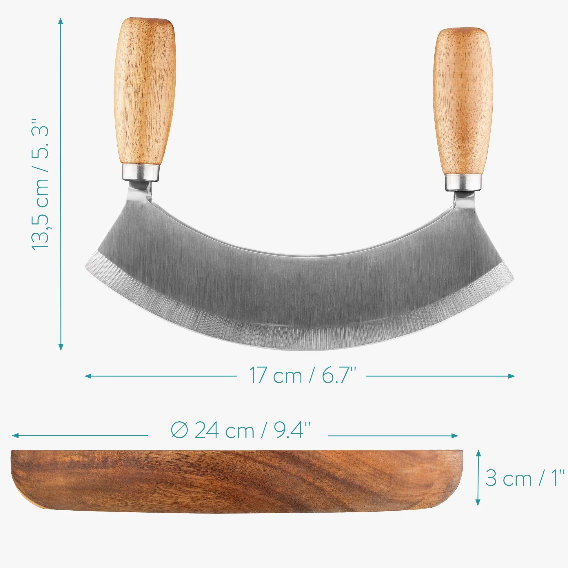 Navaris Deska do ziół z nożem do krojenia ziół Mezzaluna – 17 x 13,5 cm nóż do ziół ze stali nierdzewnej – nóż do ważenia z deską z drewna akacjowego – podwójne ostrze