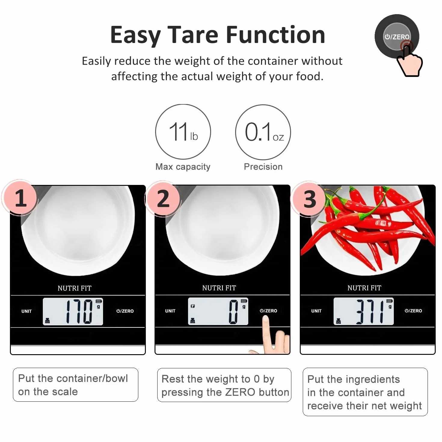 NUTRI FIT Cyfrowa waga kuchenna z możliwością ponownego ładowania, USB typu C, elektroniczna waga do żywności, szeroka platforma ważenia ze szkła hartowanego, podświetlany wyświetlacz LCD, 11 lb/5 kg
