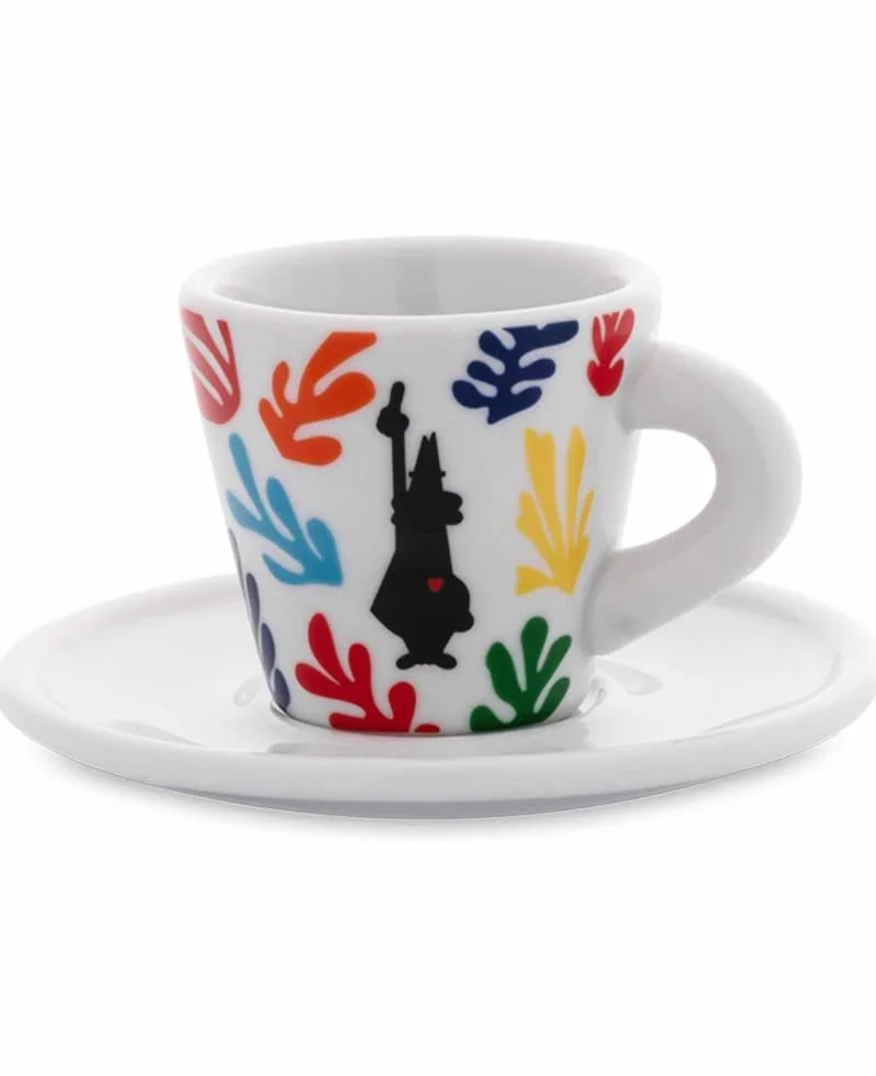 Bialetti 4-częściowy zestaw filiżanek do espresso ze spodkami z białej porcelany, stożkowaty, pojemność 60 ml, dekoracja artystyczna firmy Mirò, Kandisky, Haring, Matisse