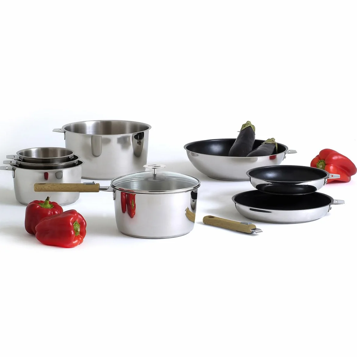 CUISINOX - Malice - 2 patelnie 2 i 24 cm z powłoką ceramiczną i uchwytem z jasnego drewna - Spód sandwich - Kompatybilny ze wszystkimi kuchenkami indukcyjnymi - Stal nierdzewna 18/1 - Wykończenie na