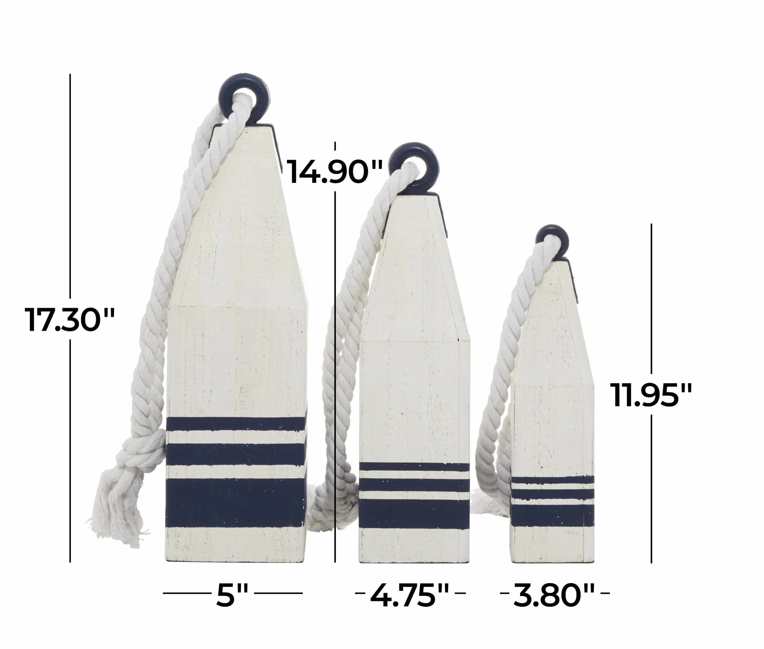 Deco 79 Drewniana boja ręcznie wykonana rzeźba z akcentami liny, zestaw 3 szt., 43 cm, 38 cm, 30 cm wysokości, biała