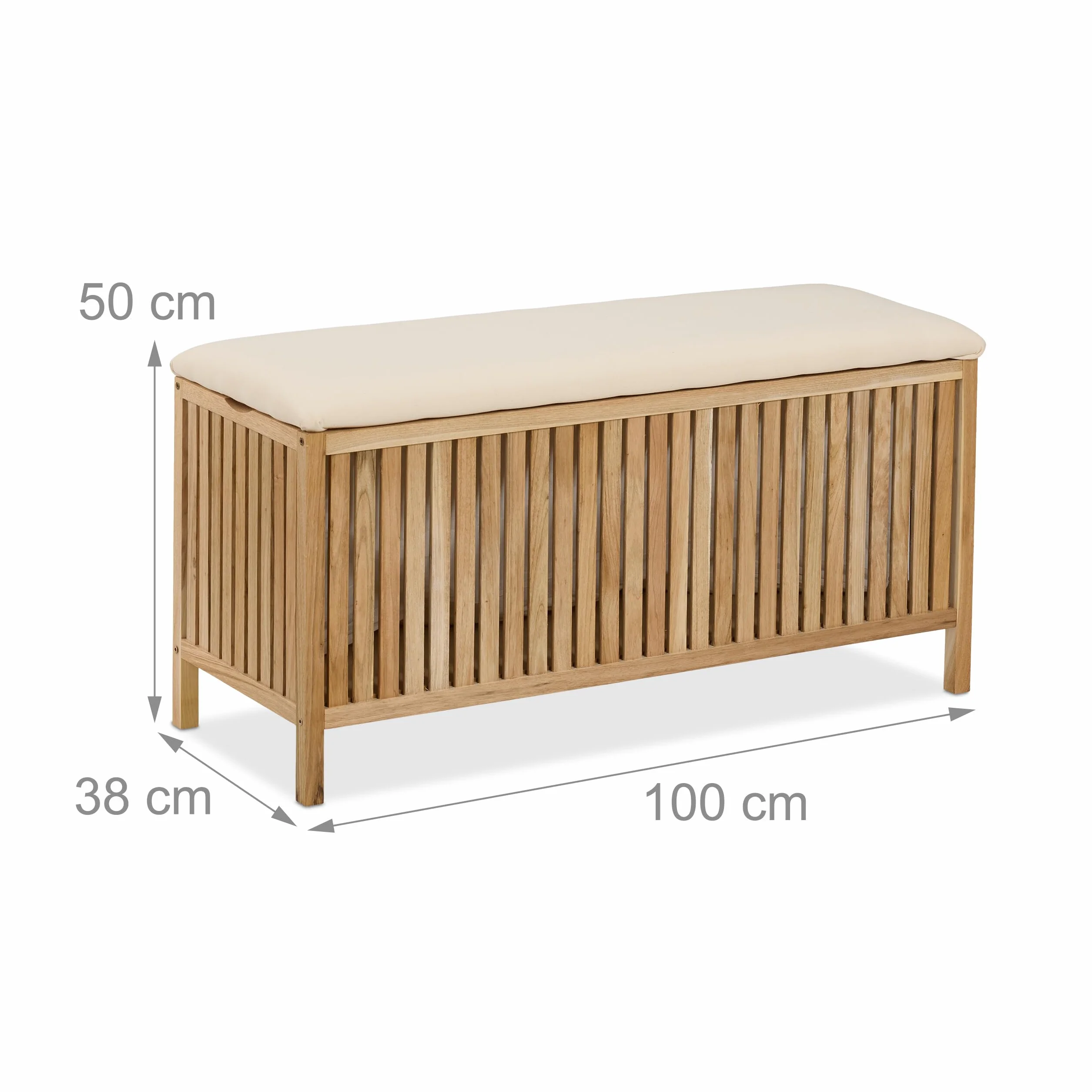 Relaxdays Skrzynia na pranie z siedziskiem, taboret łazienkowy z miejscem do przechowywania, 100 l kosz na pranie, wys. x gł.: 50 x 100 x 38 cm, drewno/tkanina, naturalna/biała