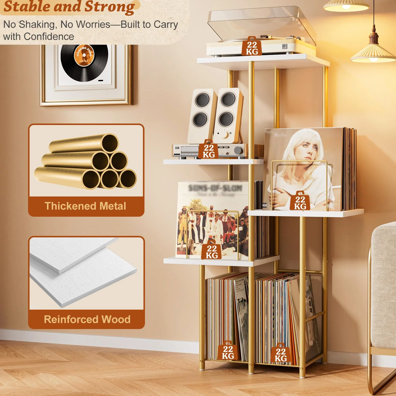 Bikoney Skivspelarbord Mid-Century Modern med Vinylförvaring för LP | Elegancka Wysoka Konsola Drewniana W Stylu Mid-Century Do Salonu, Pojemna Szafka Na Gramofon I Organizer Na Płyty LP