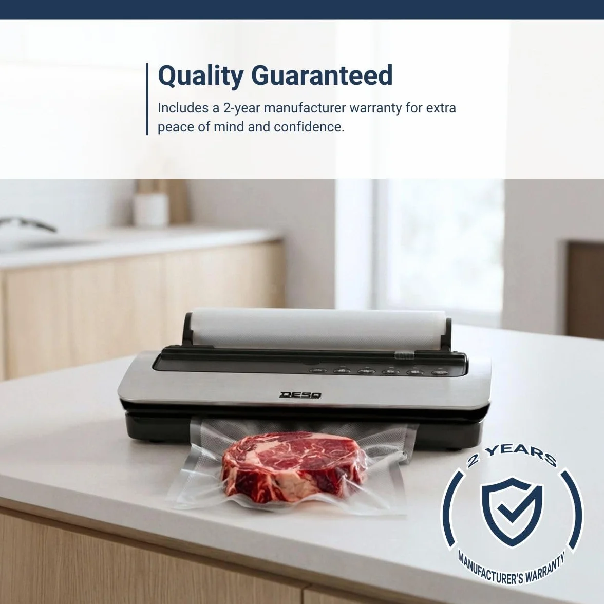 DESQ® Urządzenie do pakowania próżniowego, 5 ustawień do suchej, wilgotnej, wrażliwej na nacisk żywności, uchwyt na rolkę, wąż – 5 x worki próżniowe – rolka worka próżniowego 3 m