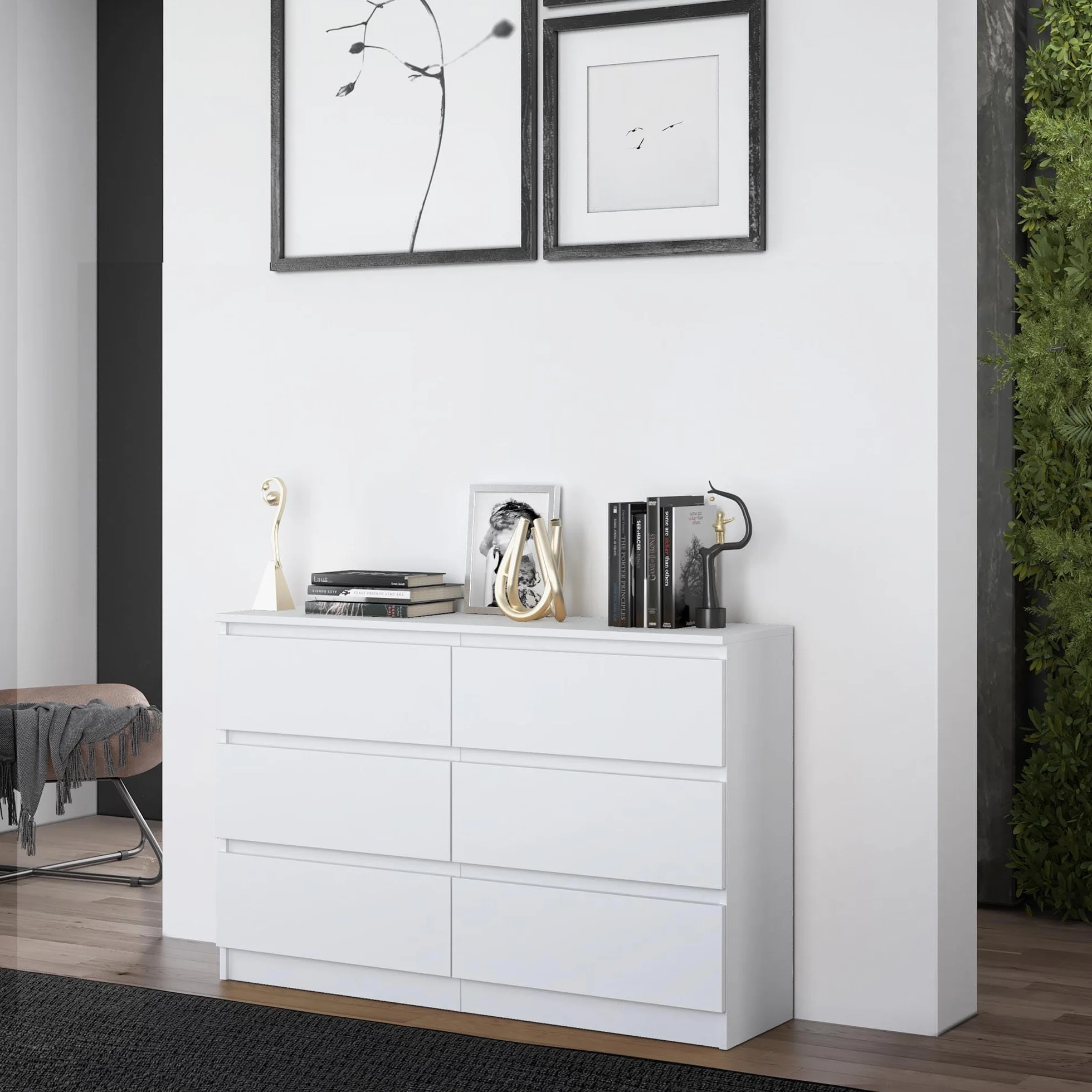 CDF Komoda biała z 6 szufladami, głębokość 30 cm, komoda, do salonu, sypialni, szafka z szufladami, dużo miejsca do przechowywania, odpowiedni organizer na ubrania, szerokość 120 cm, nowoczesny wygląd