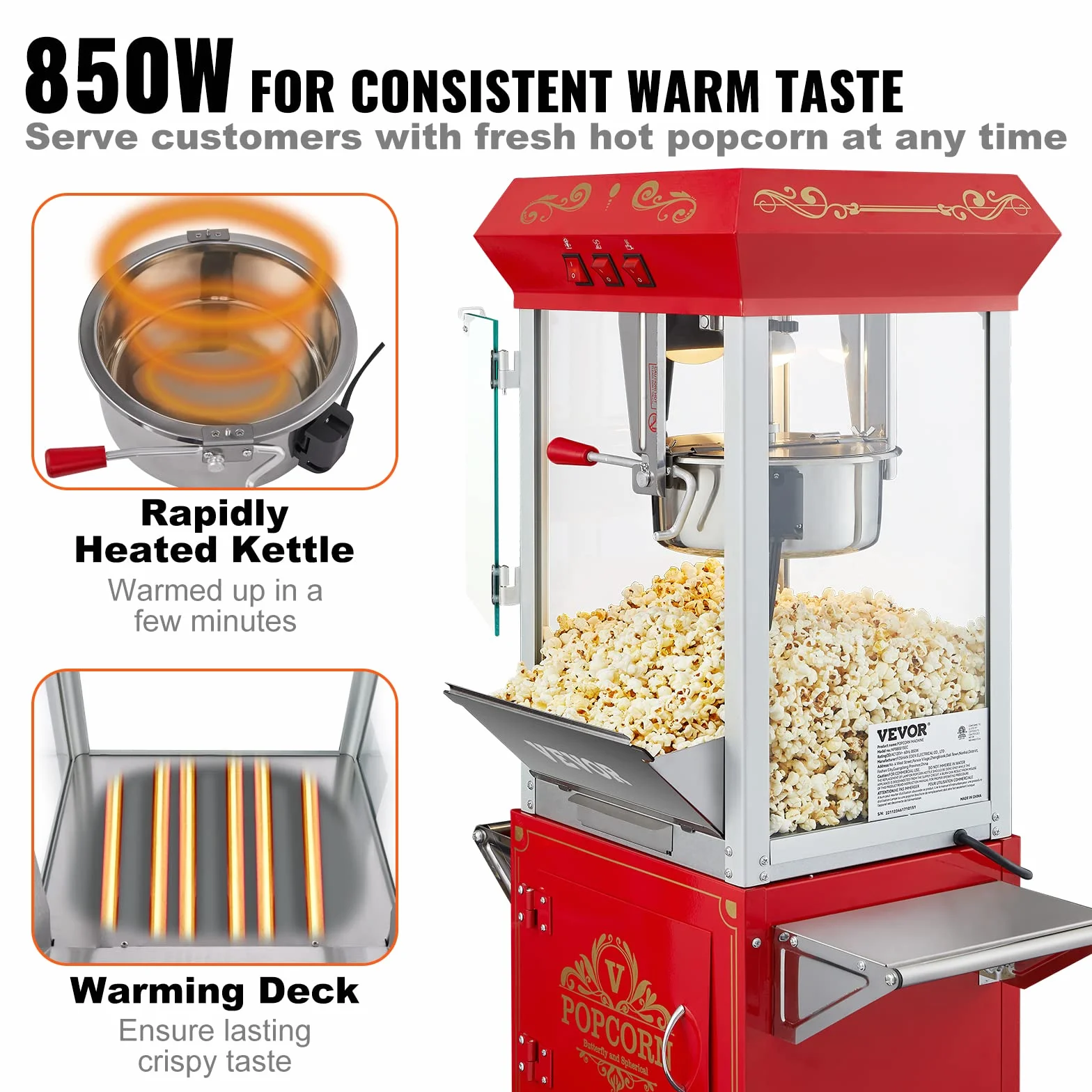 VEVOR Maszyna do popcornu z wózkiem 850 W, czajnik elektryczny do popcornu 0,22 kg na 48 filiżanek partii, maszyna do popcornu ze szkłem hartowanym, zawiera 4 miarki, styl kinowy