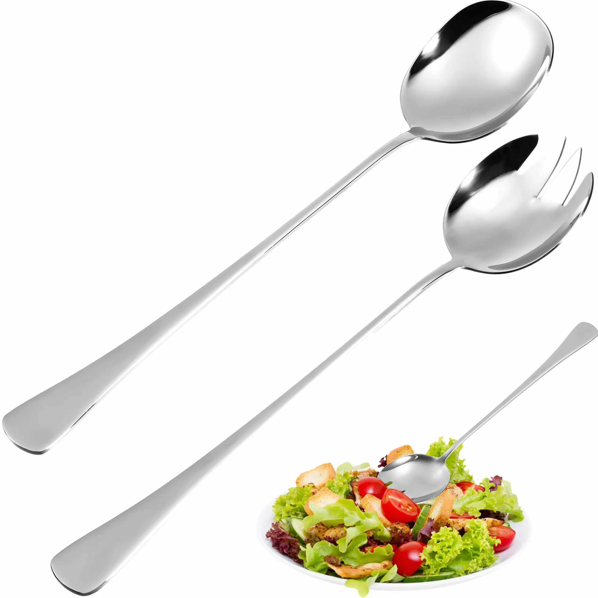 Zestaw sztućców do sałatek ze stali nierdzewnej 28 cm, 2 sztuki, duże łyżki do serwowania, widelczyki do sałatek, łyżki do sałatek, łyżki ze stali nierdzewnej z długimi uchwytami, sztućce