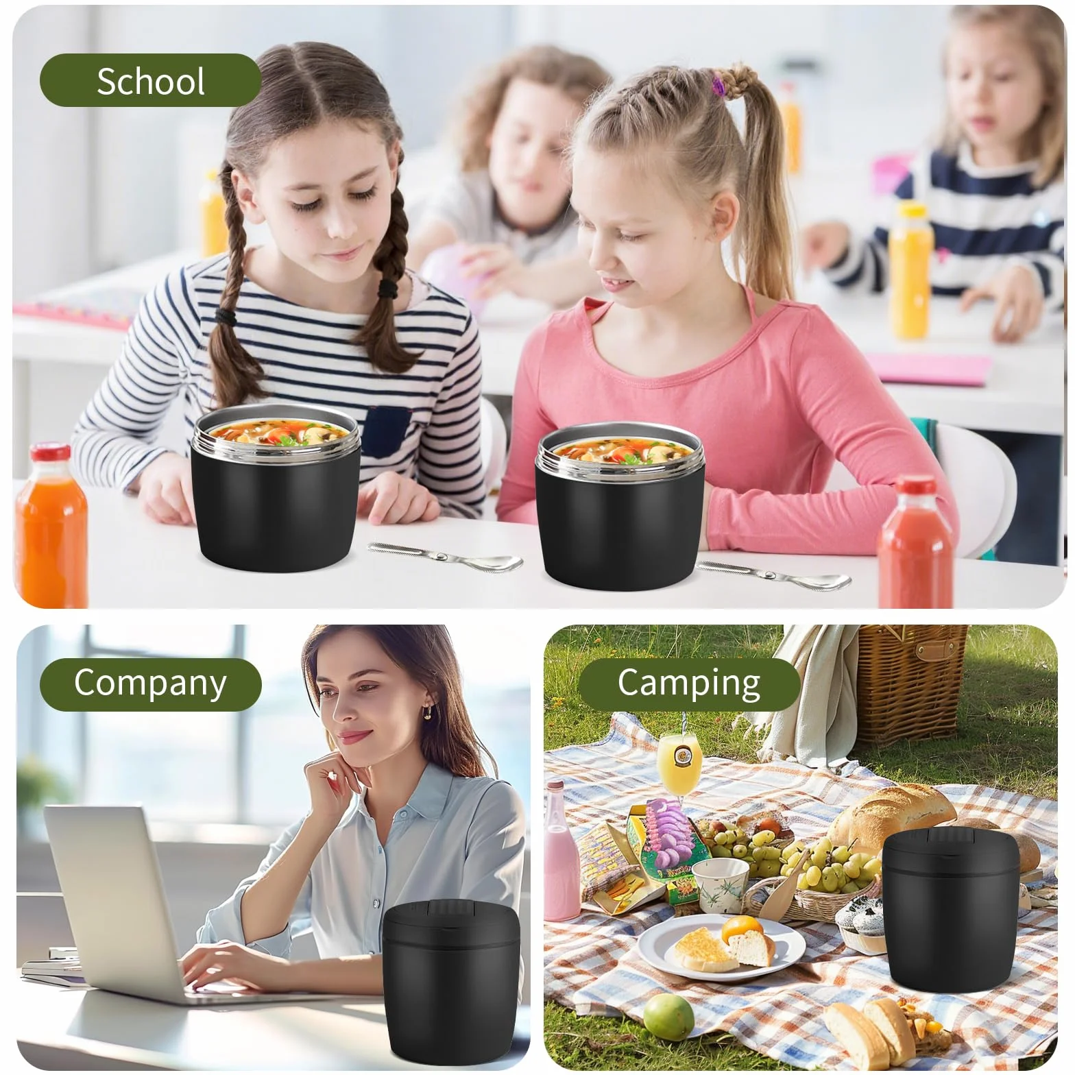Pojemnik Termiczny, Szczelny Termos na Zupy, Lunchbox dla Dzieci i Dorosłych, na Żywność 1200 ml, Stal Nierdzewna, Miski Termiczne z Pokrywką i Składaną Łyżeczką (Czarny)